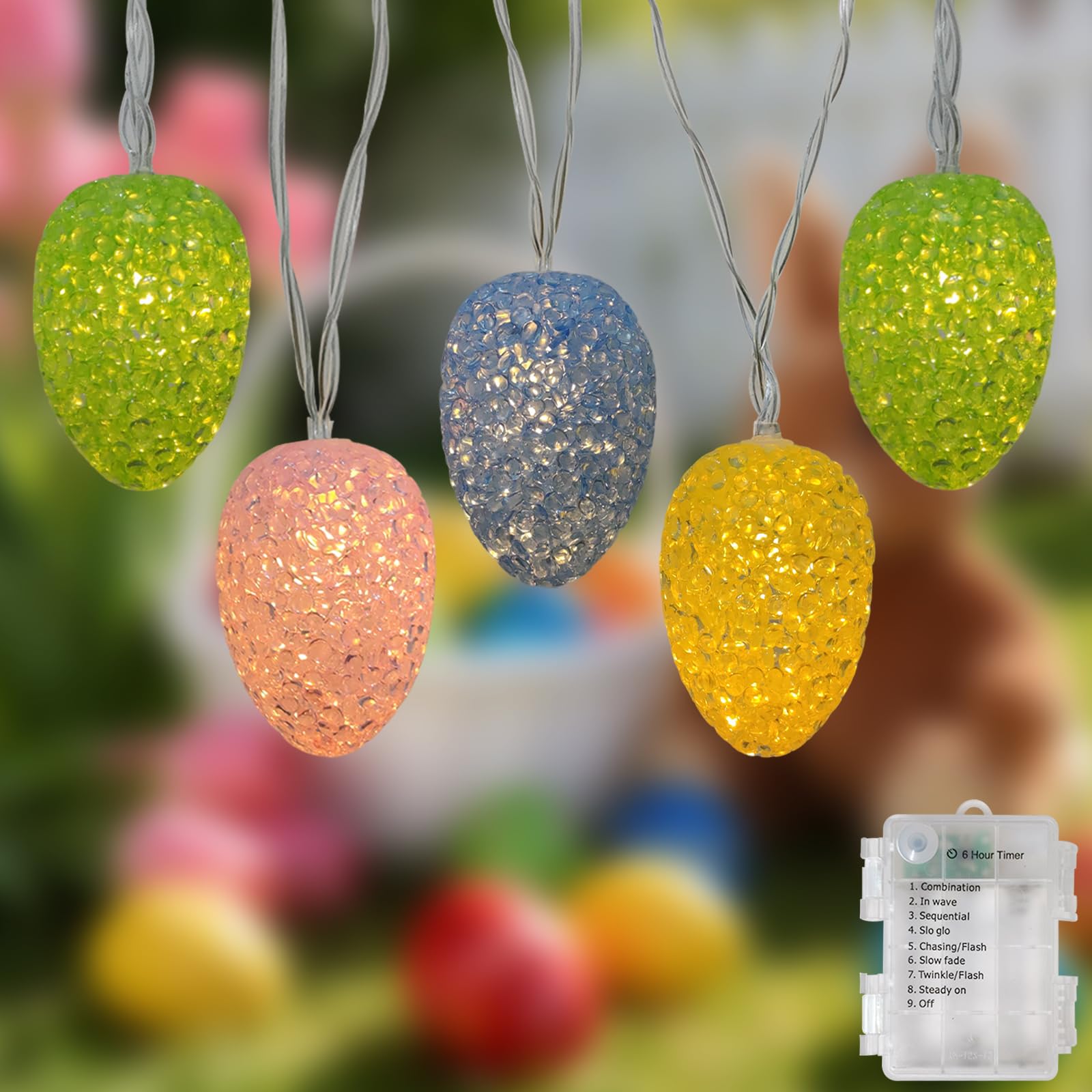 Wxuean Easter Egg Lights Battery Operated 6.8Ft Easter Lights String 10 LED Egg Shaped Light with Timer, 8 Mode Pastel Decoratio