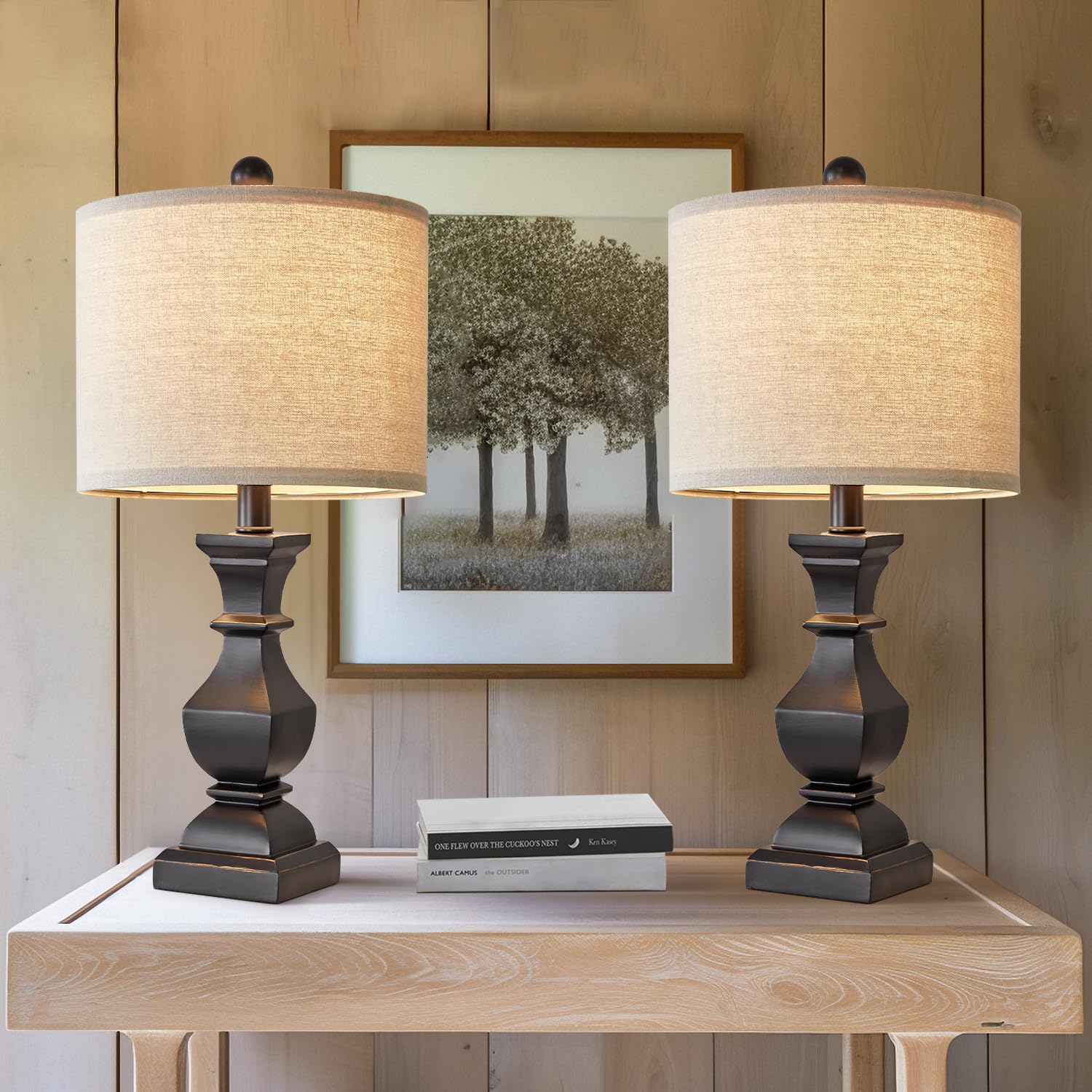 PoKat 20.5'' Mid Century Table Lamp Sets of 2 for Living Room Retro Style Farmhouse Table Lamp for Bedroom Classic Beige Resin B
