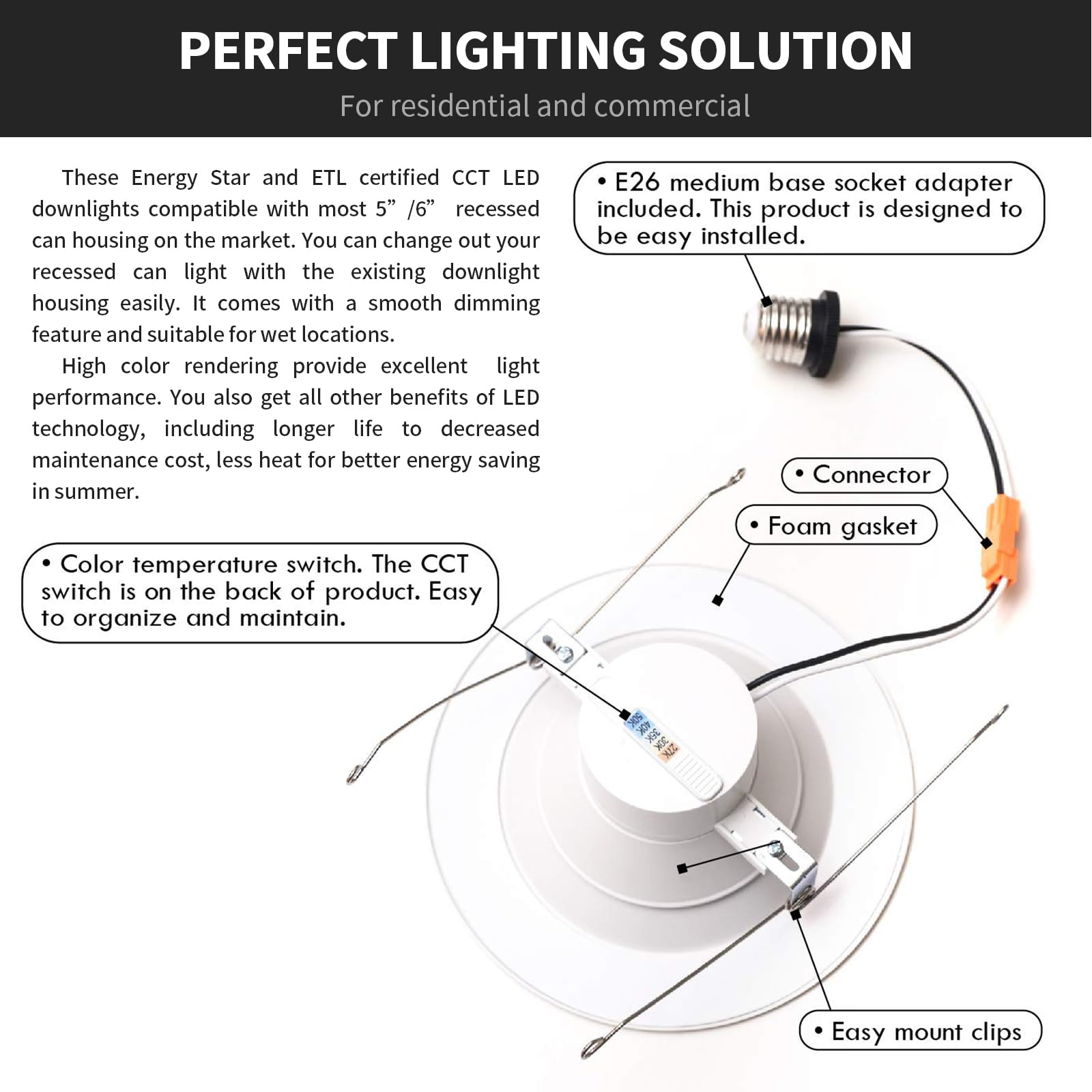 mw LED Recessed Lighting 6 Inch Retrofit, 14W, 1100LM, IC & Wet Rated, 2700K-5000K, White, Model MW-RD4