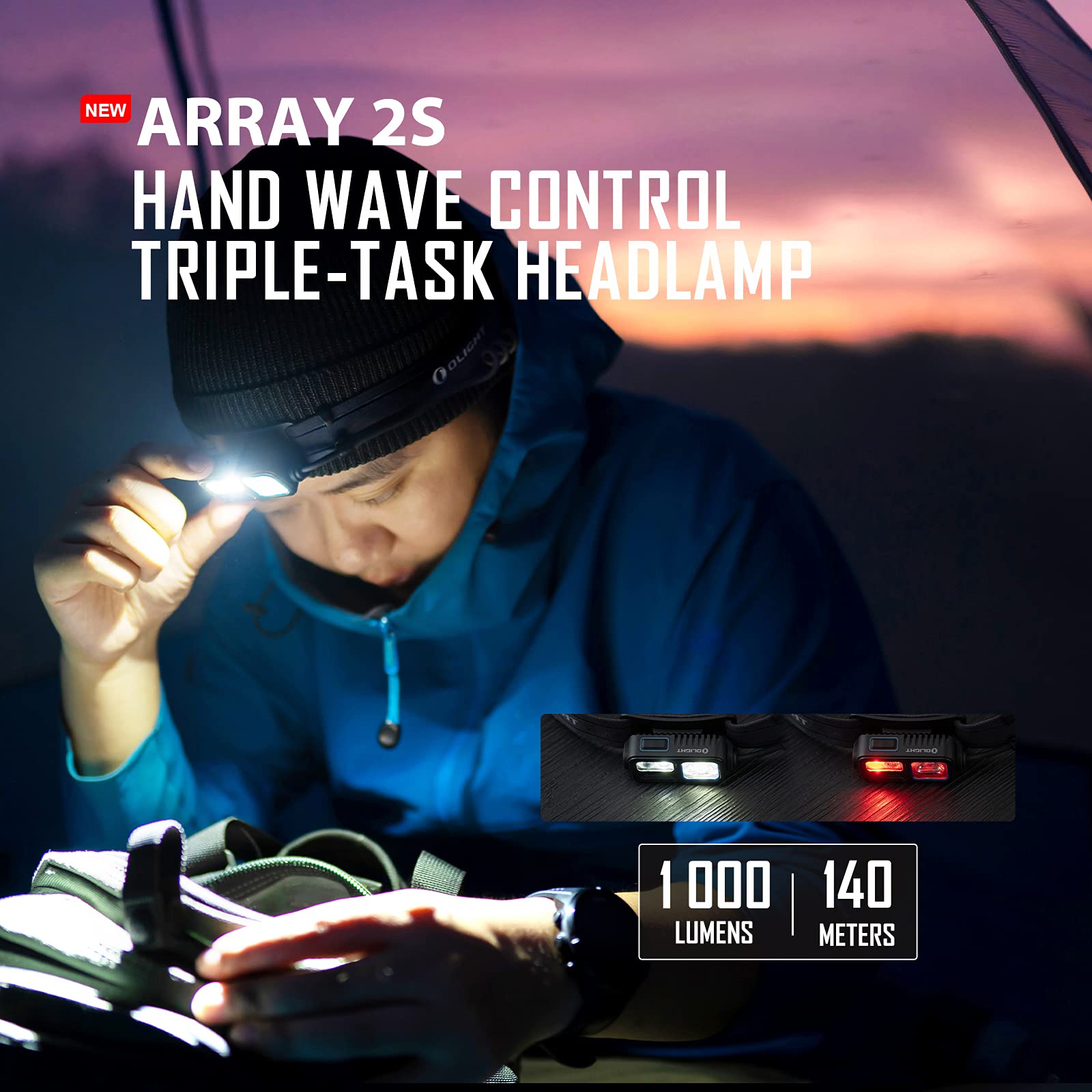 OLIGHT Array 2S 1000Lumens Hand Wave Control Rechargeable Headlamp, 4 Modes LED Headlight with White and Red Light for Camping,