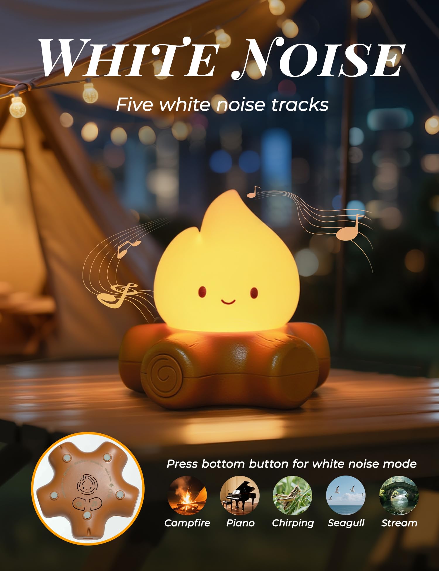 BANDIANCY Cute Campfire Night Light,White Noise, Portable Rechargeable Lamp, Baby Night Light Nursery Decor, Stepless Dimmable L