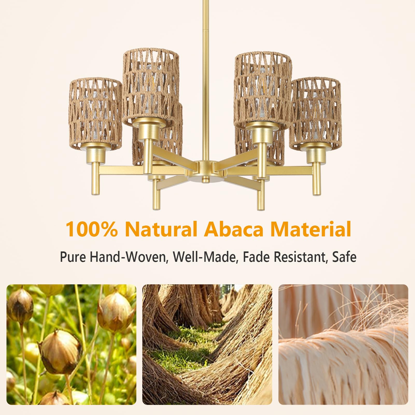 6-Lights Gold Chandelier Light Fixture - Boho Rattan Chandeliers For Dining Room, Farmhouse Kitchen Lighting Fixtures Ceiling, H