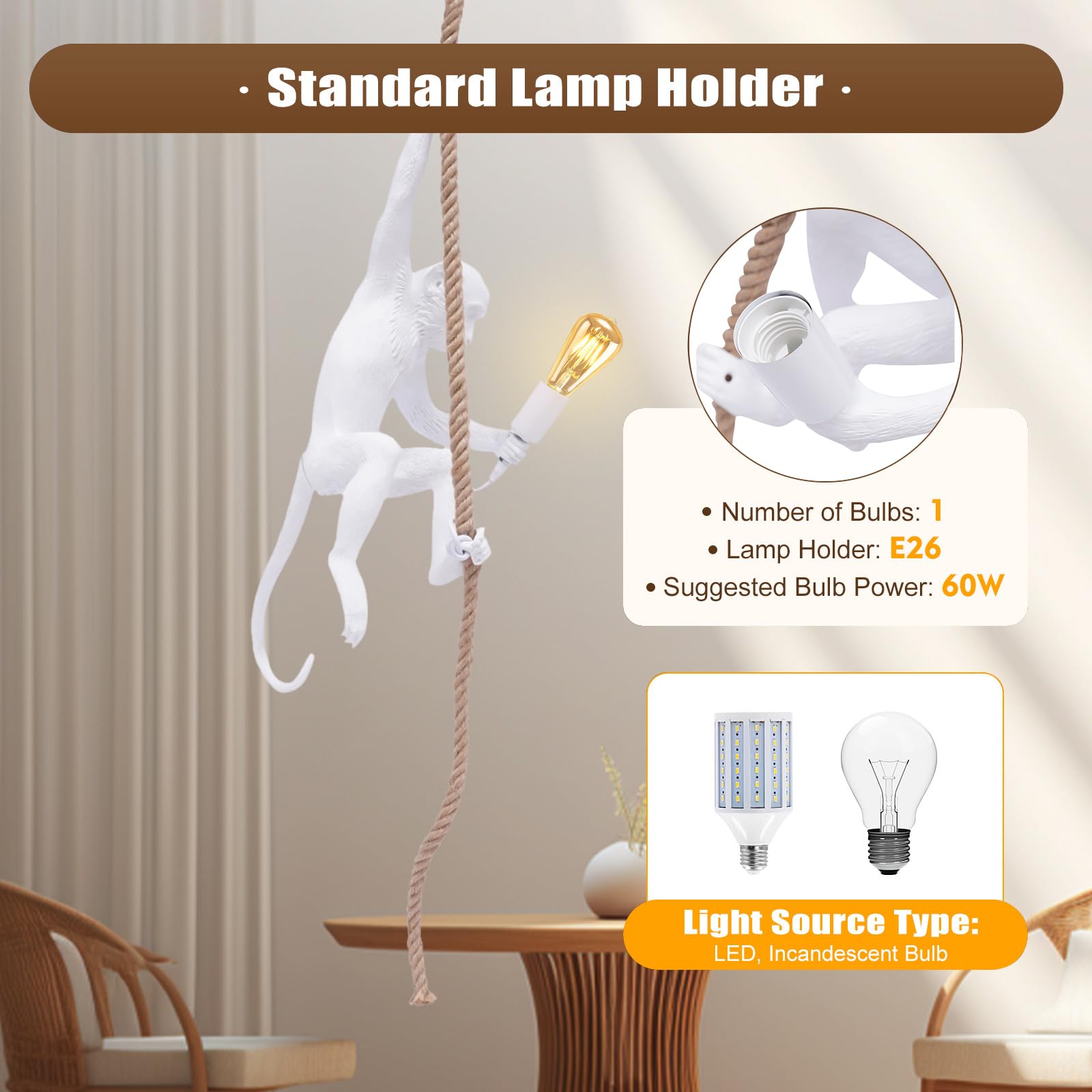 Huashuani Vintage Monkey Chandelier, Retro Resin Hemp Rope Monkey Pendant Light Fixture, Hanging Ceiling Lamp E26 For Dining Liv