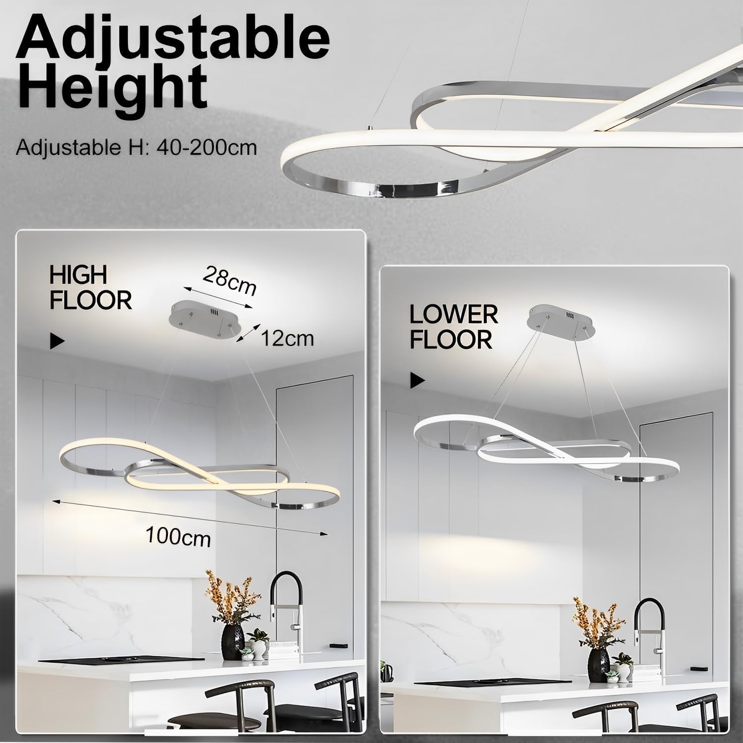 Zeistry Modern Pendant Light, Dimmable Chandelier for Dining Room, Electrochrome Aluminum Fixture, Model YH001-D8-CHel