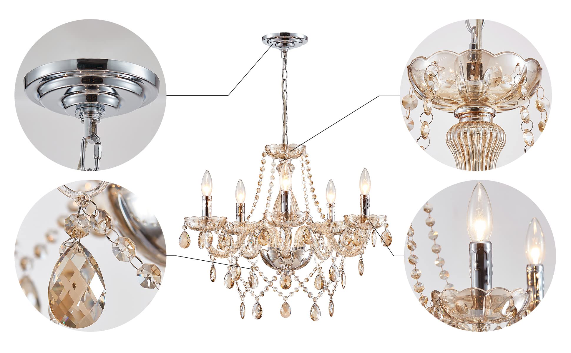 SM Saint Mossi 5-Light Modern Crystal Chandelier, Champagne Finish, Pendant Lighting for Dining Room, Bedroom, Living Room