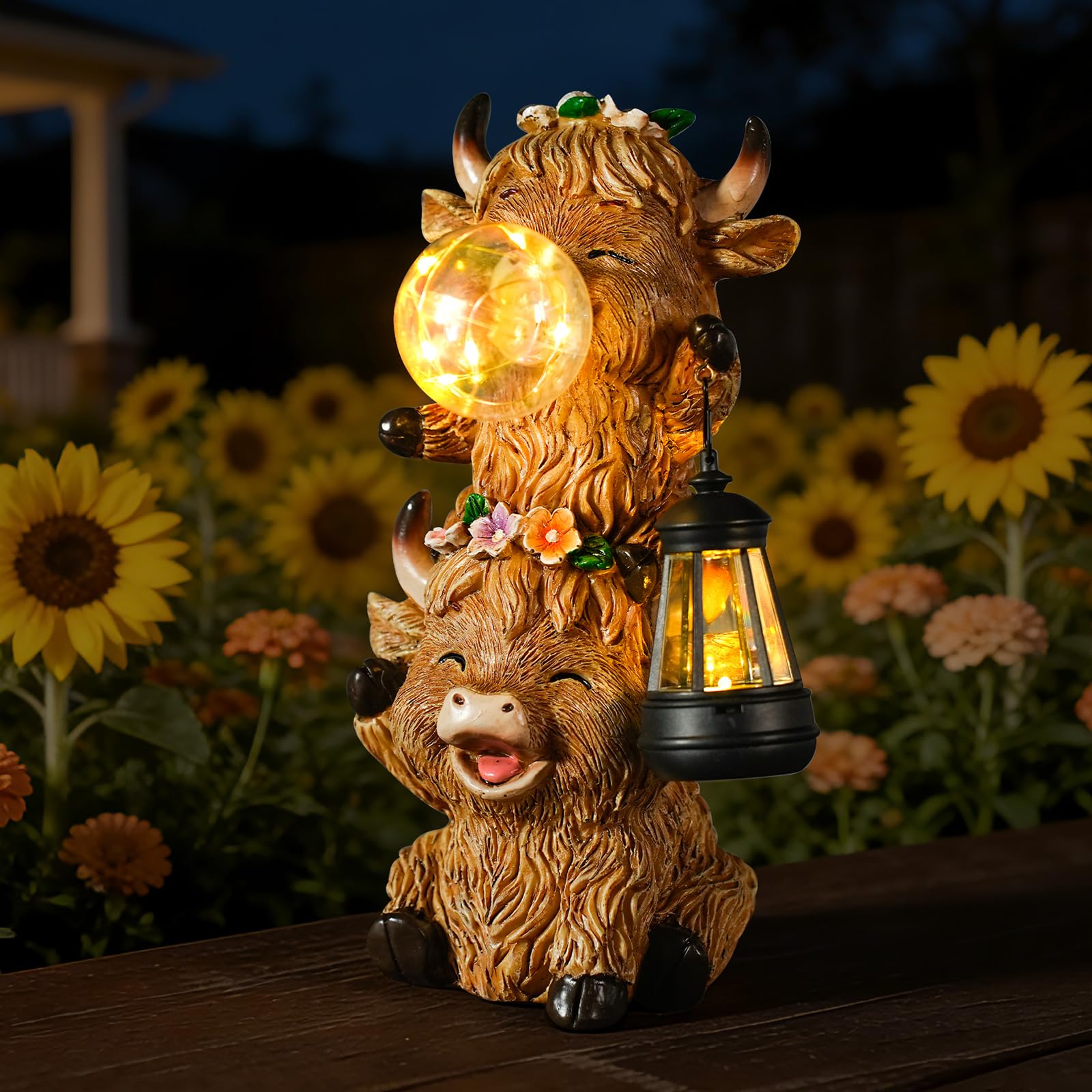 Joint Honglin Solar Highland Cow Garden Statue with LED Lights  Cute Resin Outdoor Decor with Glowing Lantern & Light-Up Bubble  Waterproof Solar Yard Ornament for Lawn  Patio & Garden (Brown Cow)