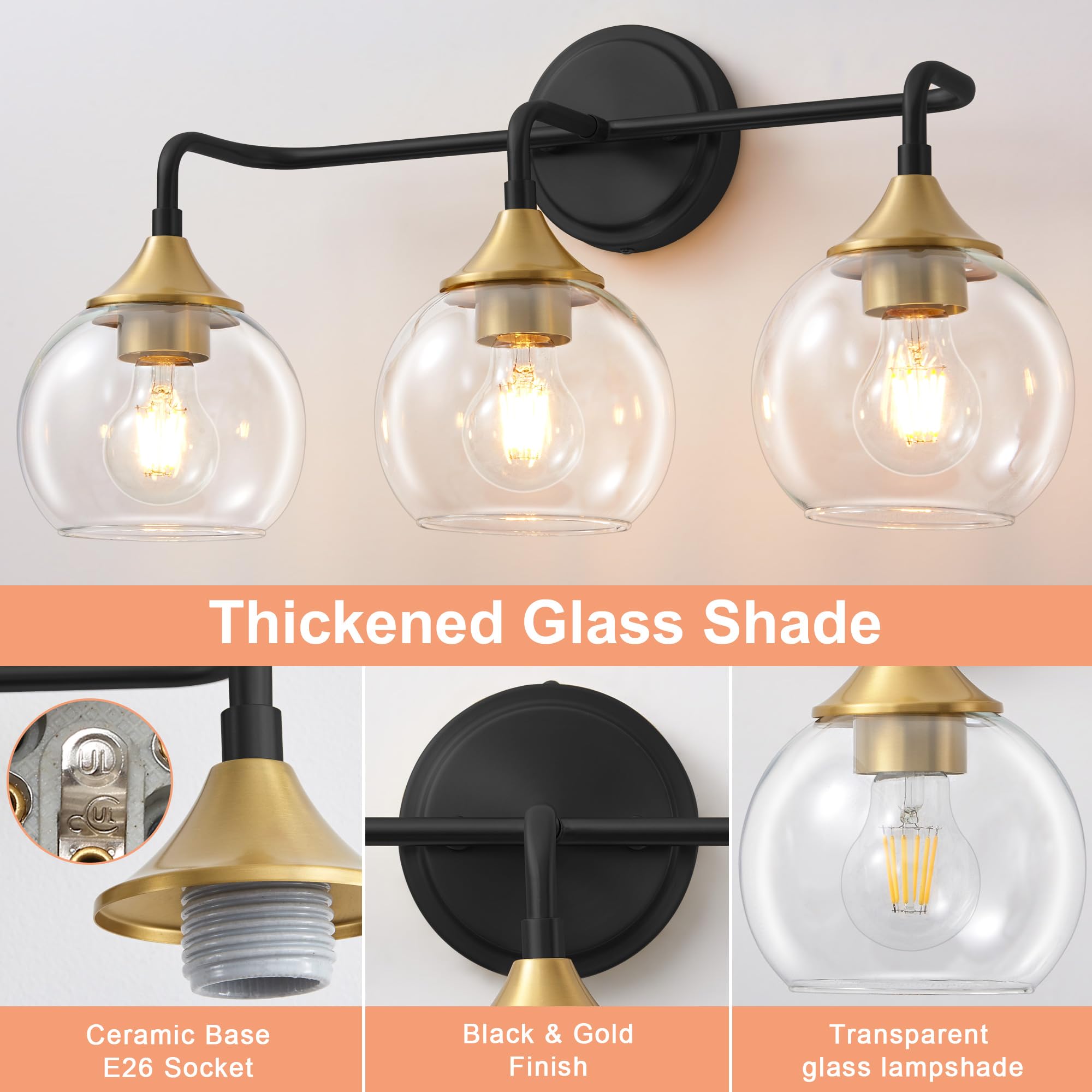 Gednbo 3-Light Bathroom Vanity Light Fixture, Black and Gold, Clear Glass Shade, 22 inch, Model G1796
