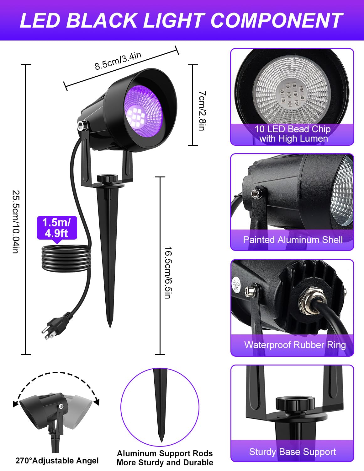 Crepow Outdoor Black Light Spotlight  Led Black Lights Waterproof Landscape Lights With Us Plug For Glow Party Body discomfort-reducingt Fluorescent Poster Stage Lighting Yard Garden Halloween Decoration(4 Pack)