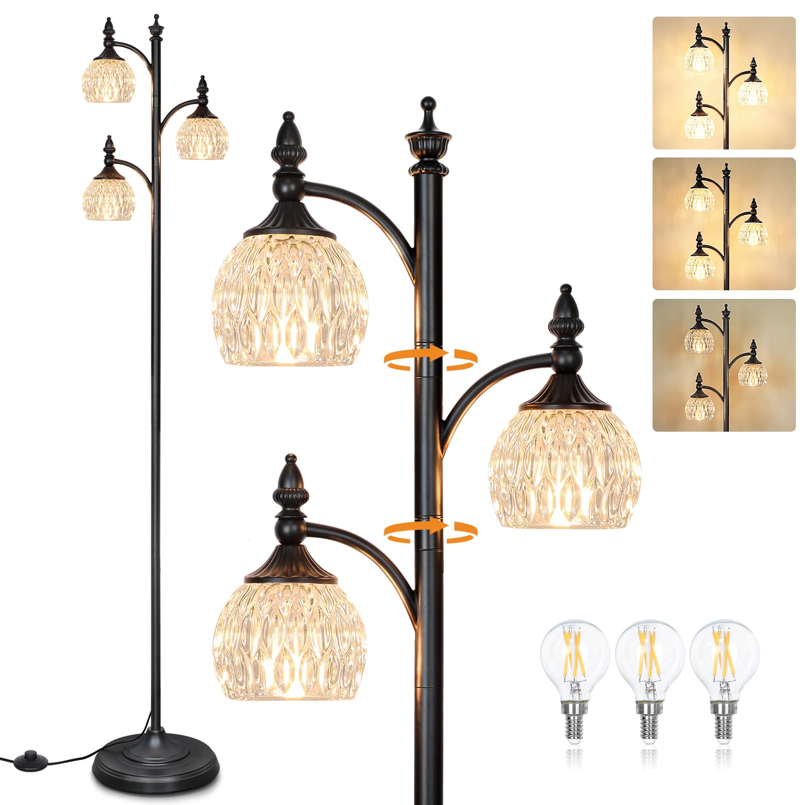 JUNNAI Black Flower Floor Lamp,Tall Standing Lamp Dimmable Tree Floor Lamps with 3 Lights Glass Shade 66.5in Modern Corner Lamp 