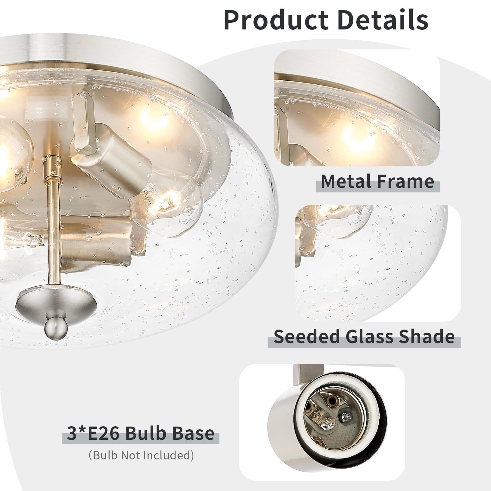 Darkaway Ceiling Light Fixture, 3-Light Flush Mount, Nickel Finish, Seeded Glass Shade, 13.38 inch, Model 6T1F