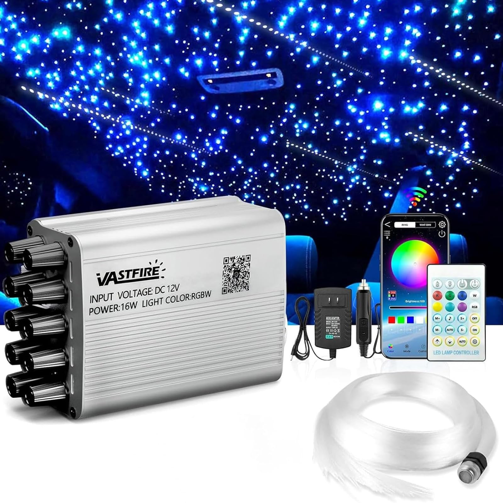 VASTFIRE Starlight Headliner Kit - 500pcs 0.03in 9.8ft Fiber Optic Star Lights for Car with 16W RGBW  Twinkle/Meteor Music Sync  APP/Remote Control for Car Roof/Bedroom Ceiling