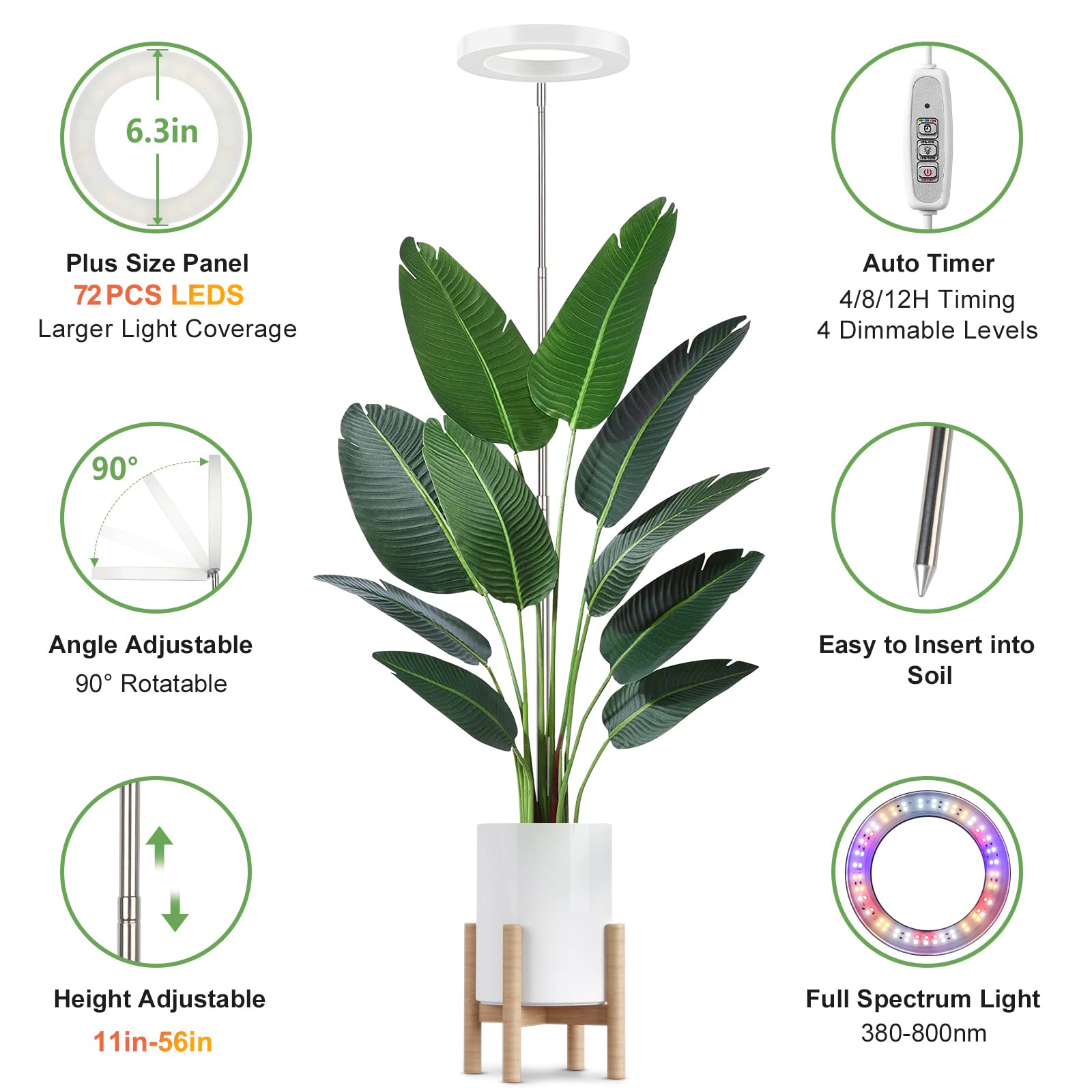 LBW 72 LEDs Full Spectrum Plant Grow Light, 56in Adjustable Height, Auto Timer & 4 Dimmable Brightness for Indoor Tall Plants, White