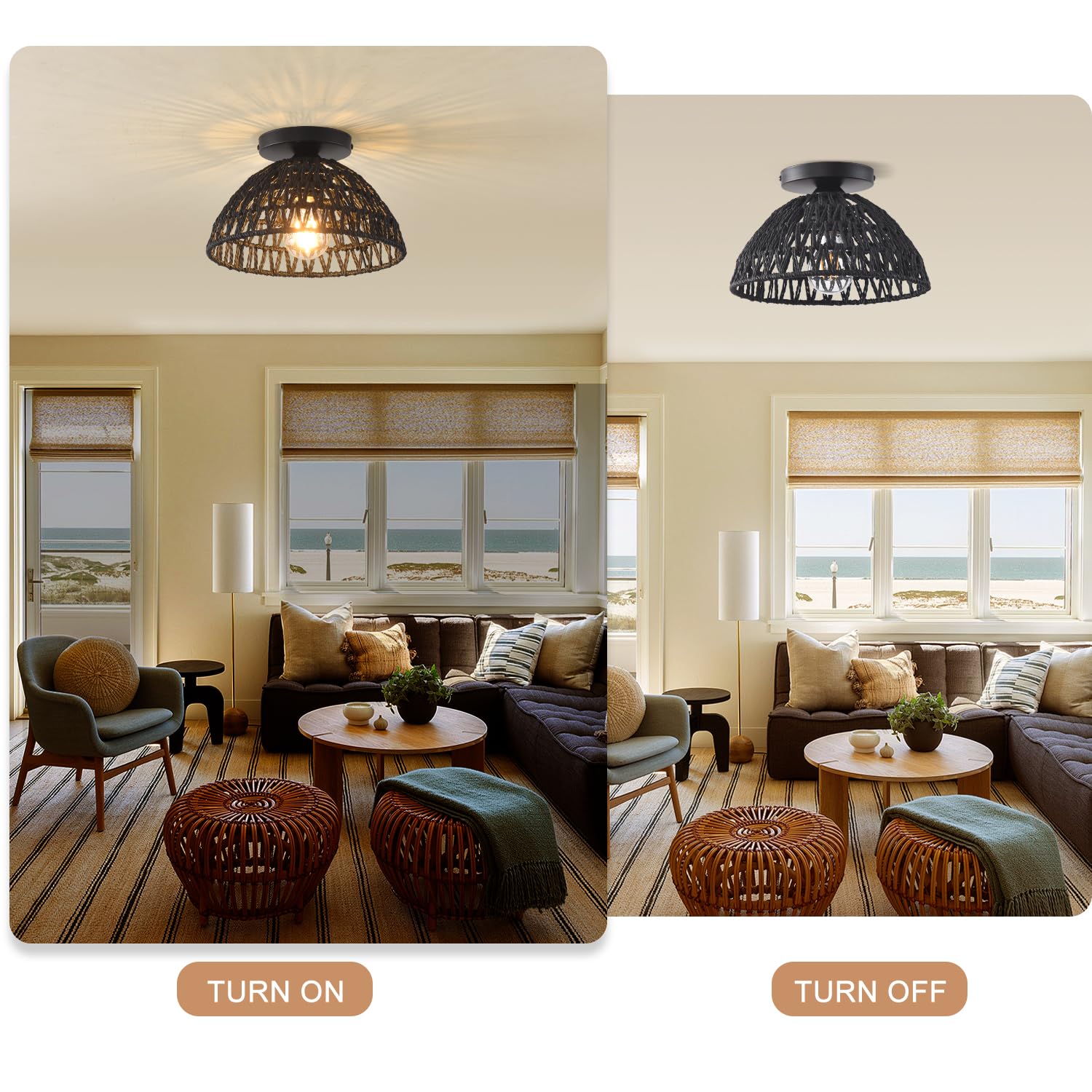 Ihengyanlt 2 Pack 10.2'' H Farmhouse Fixtures Ceiling Mount,Black Rattan Boho Semi Flush Mount Ceiling Light,Hand Woven Hallway