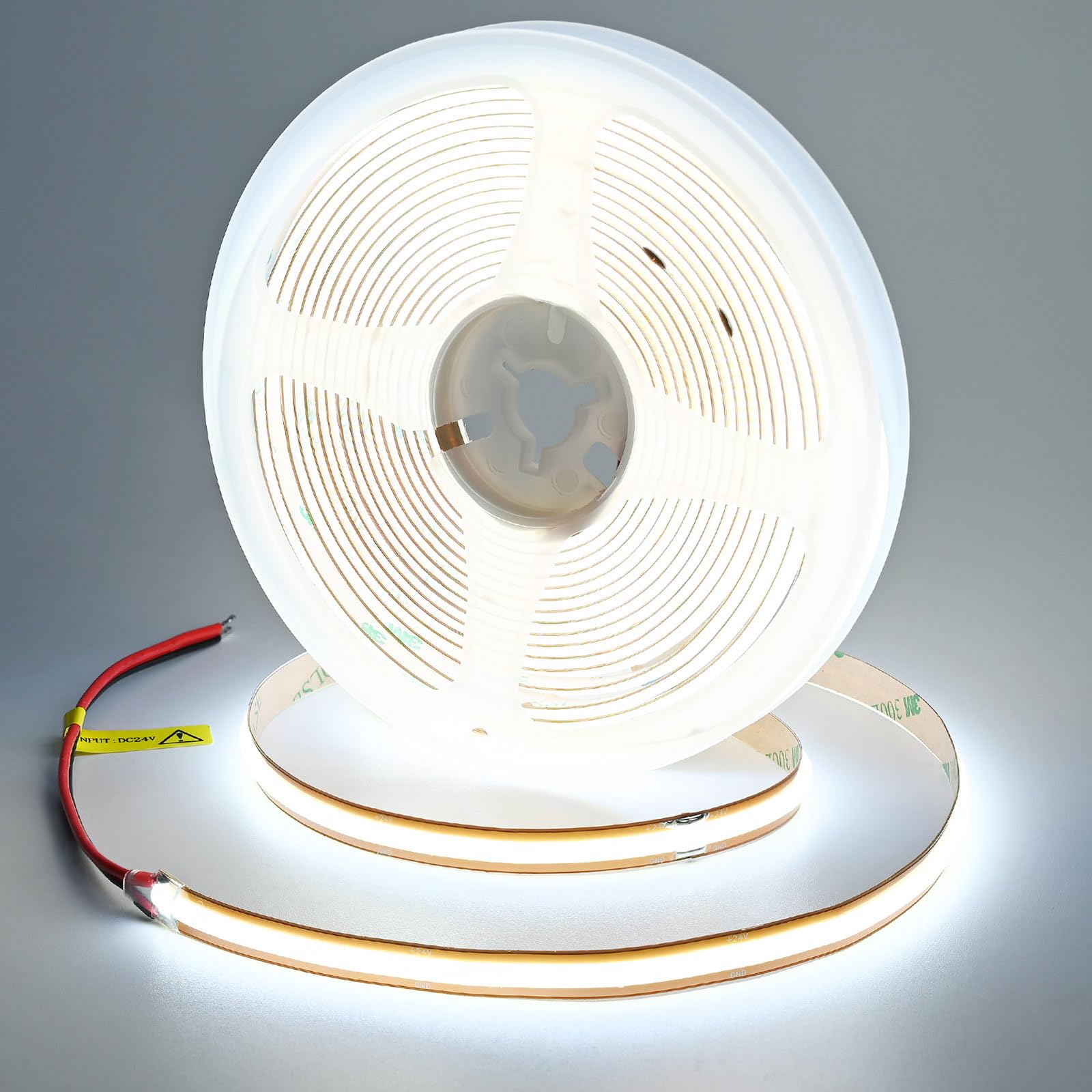 GOMING 24V COB LED Band Light Cool White 6000K Cut at Will 2640LEDs 16.4ft(5M) CRI 93+ 4600lm 13W/M Uniform Glow IP20 Not Waterproof LED Tape Lights for DIY Cabinets Home Decor(No Power Supply)