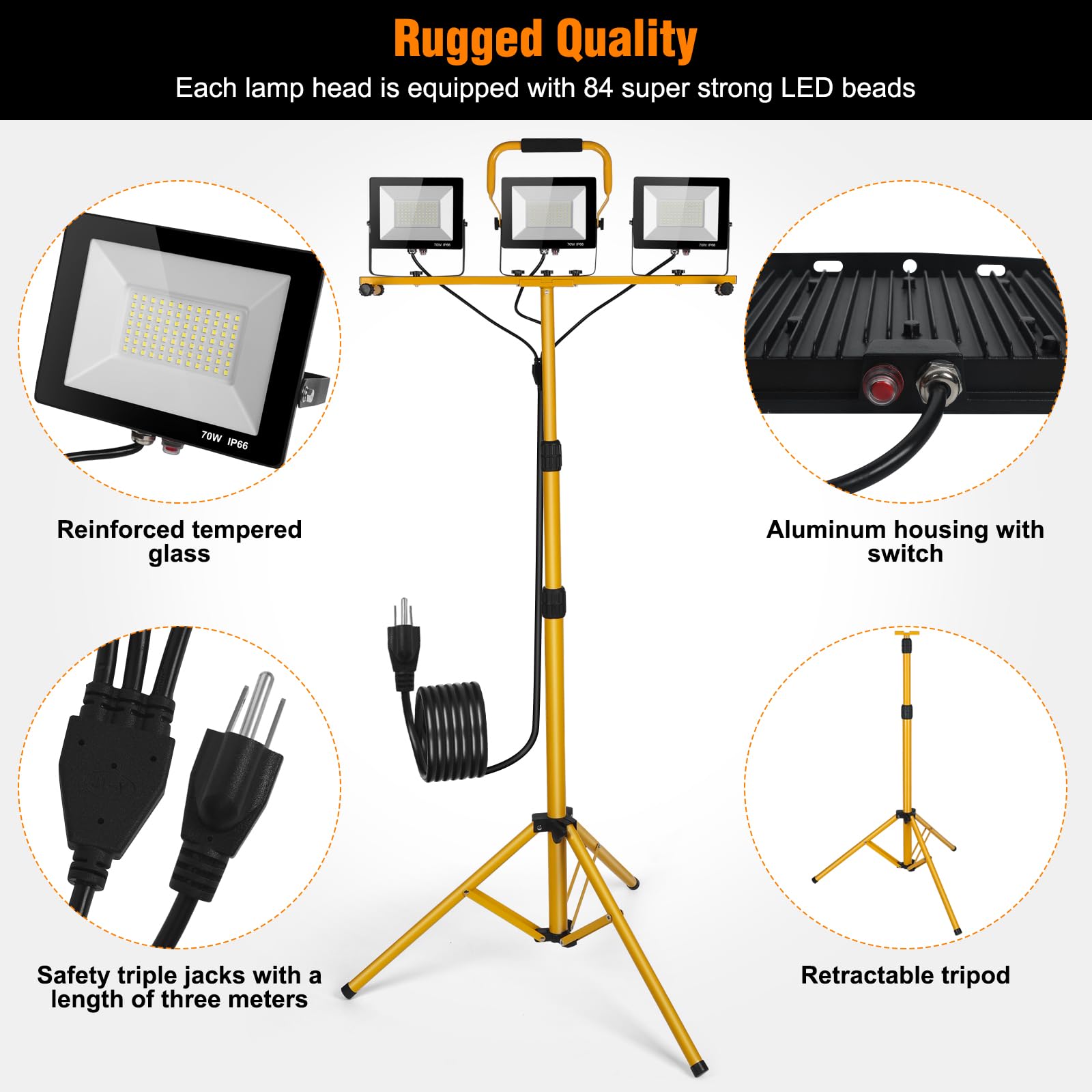 Wufoty Work Light Rugged, Easy To Use, 21,000 Lumen Work Light Stand, 3 Adjustable Led Work Light Heads Collapsible Tripod, 6,50