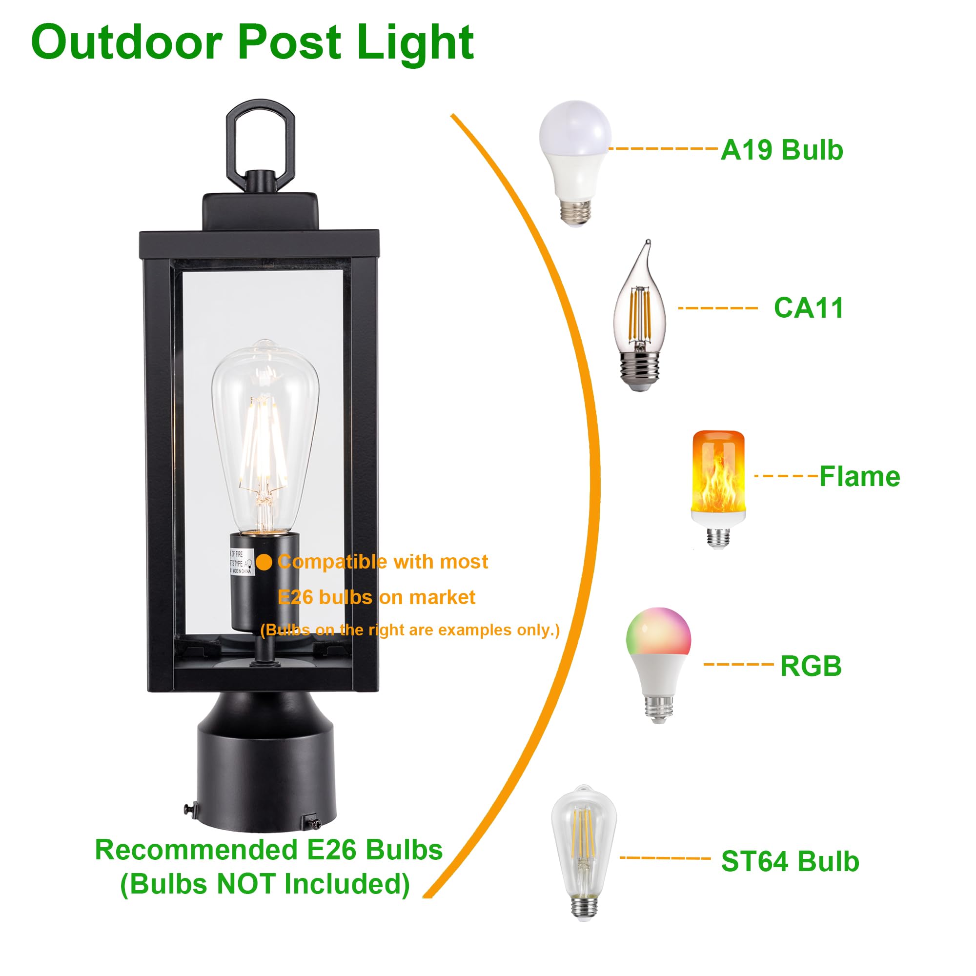 GRUENLICH Outdoor Post Lighting Fixture, E26 Medium Base, Metal Housing, Matte Black Finish, 1 Pack, Model GR-PL002