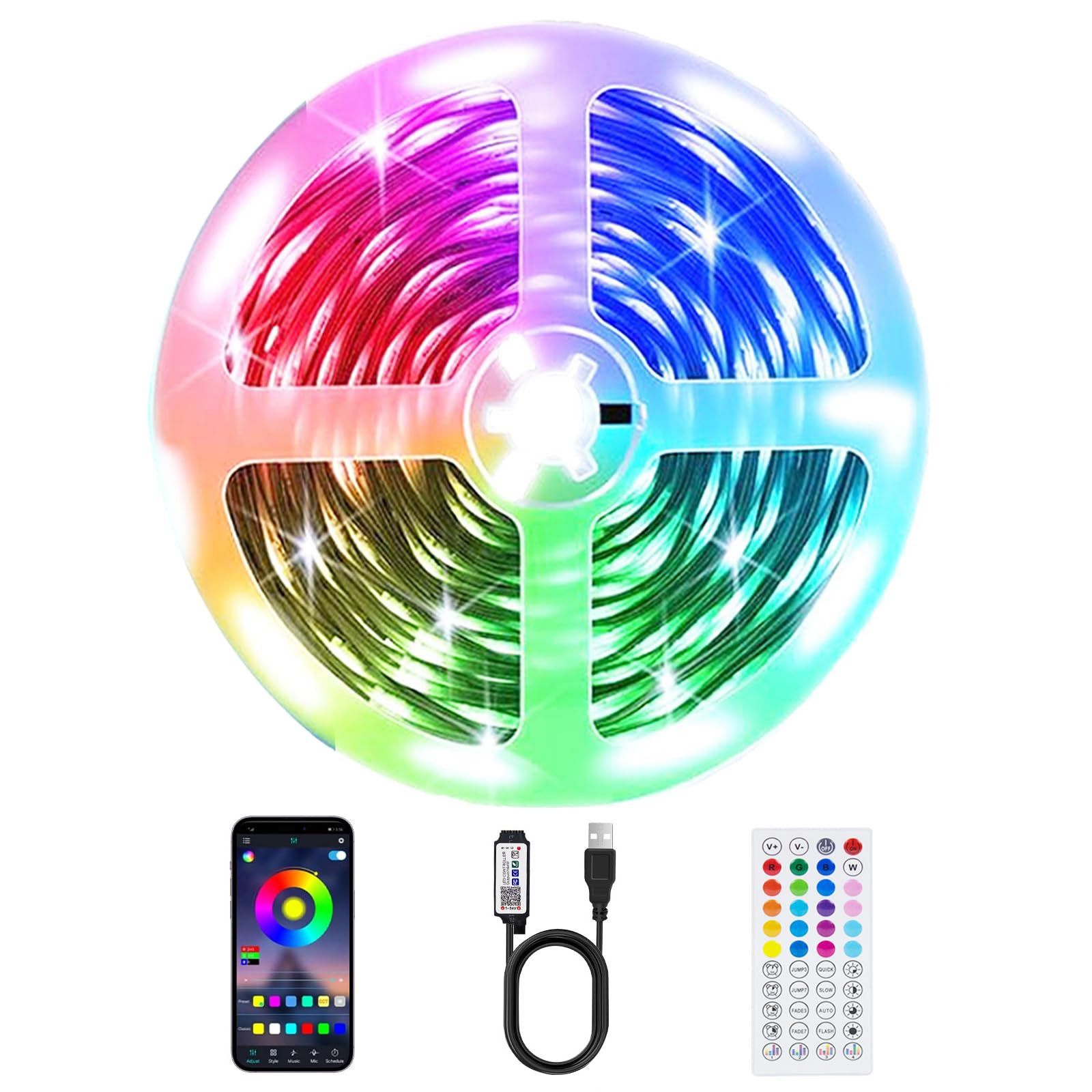 TK99SW LED Strip Lights, 50ft USB-Powered RGB Music Sync, Bluetooth & Remote Control, Model USB656
