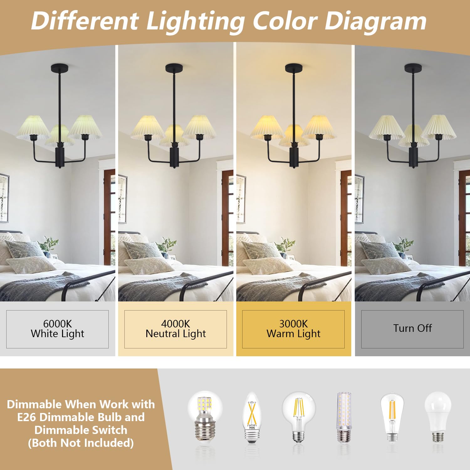 Kco Lighting Transitional Pleated Chandelier Mid Century Modern Sputnik Chandelier Black 3 Light Chandelier Ceiling Light White