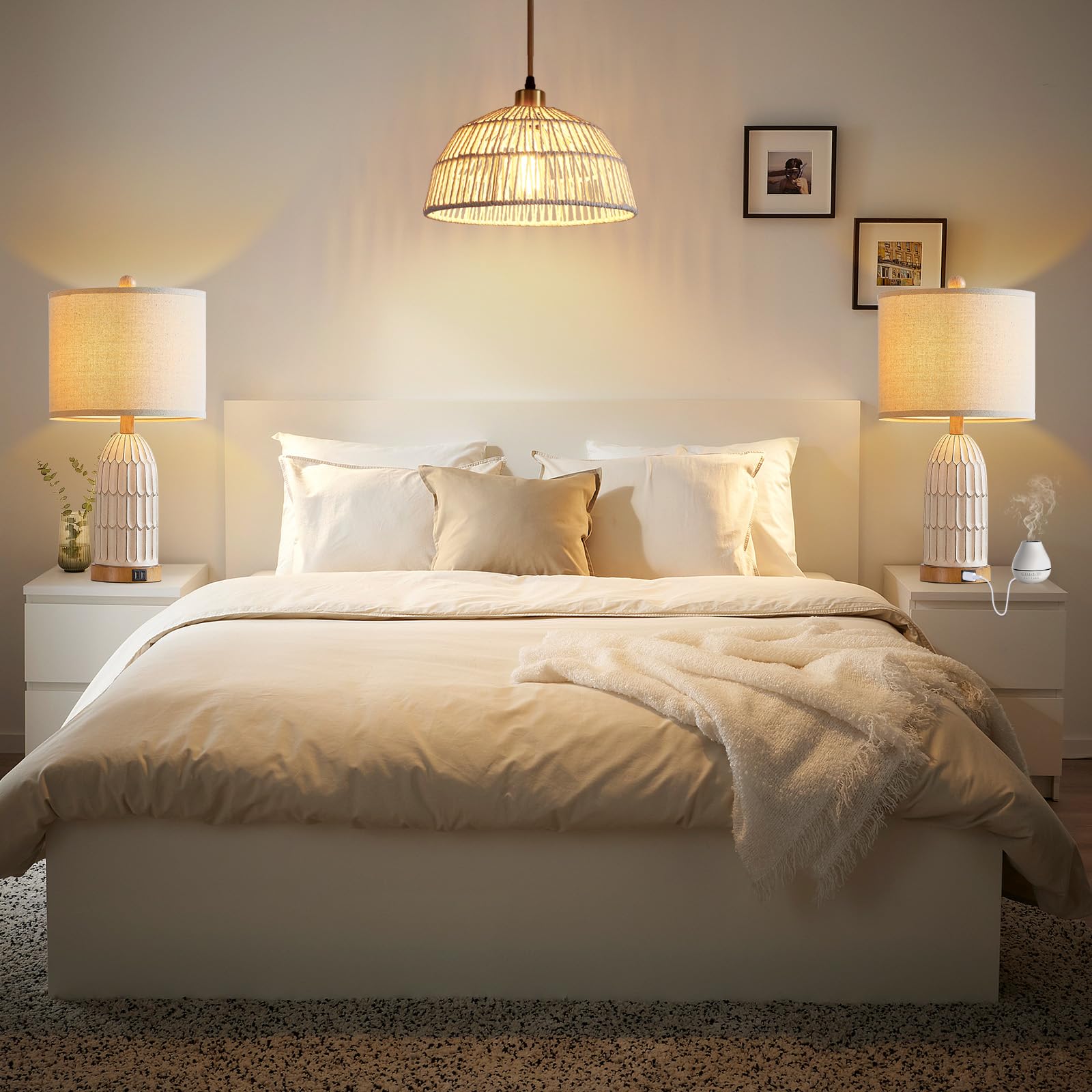 Cinkeda 3-Way Dimmable Touch Table Lamps Set Of 2 With Usb Ports, Cream Vintage Boho