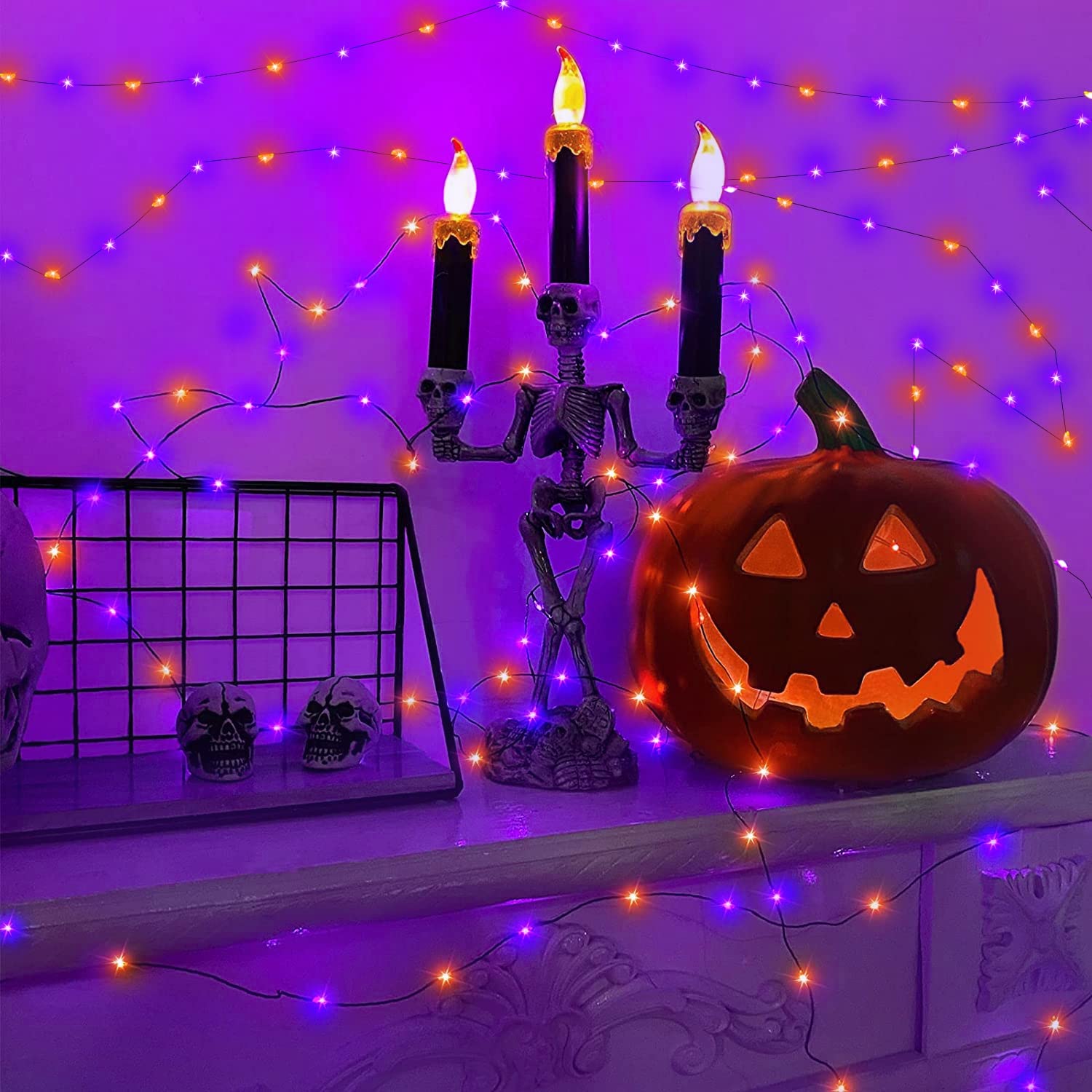 [3Pack&Timer] Halloween Lights Decorations, Total 150Led/50Ft Black Wired String Fairy Orange Purple Lights Battery Operated Halloween Decor Indoor Outdoor Garden Yard Party, 50Led/16.4Ft Each