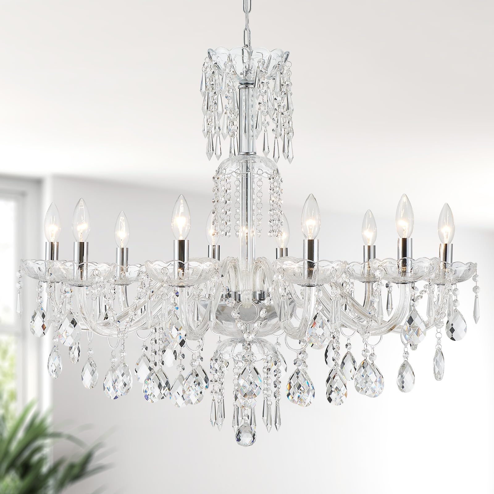 Wuzups 10-Light Crystal Candle Chandelier Pendant Ceiling Light Modern Lighting Fixture For Bedroom Hallway Bar Kitchen Bathroom  H 26.7 W 33.9  E12 Base  Chrome