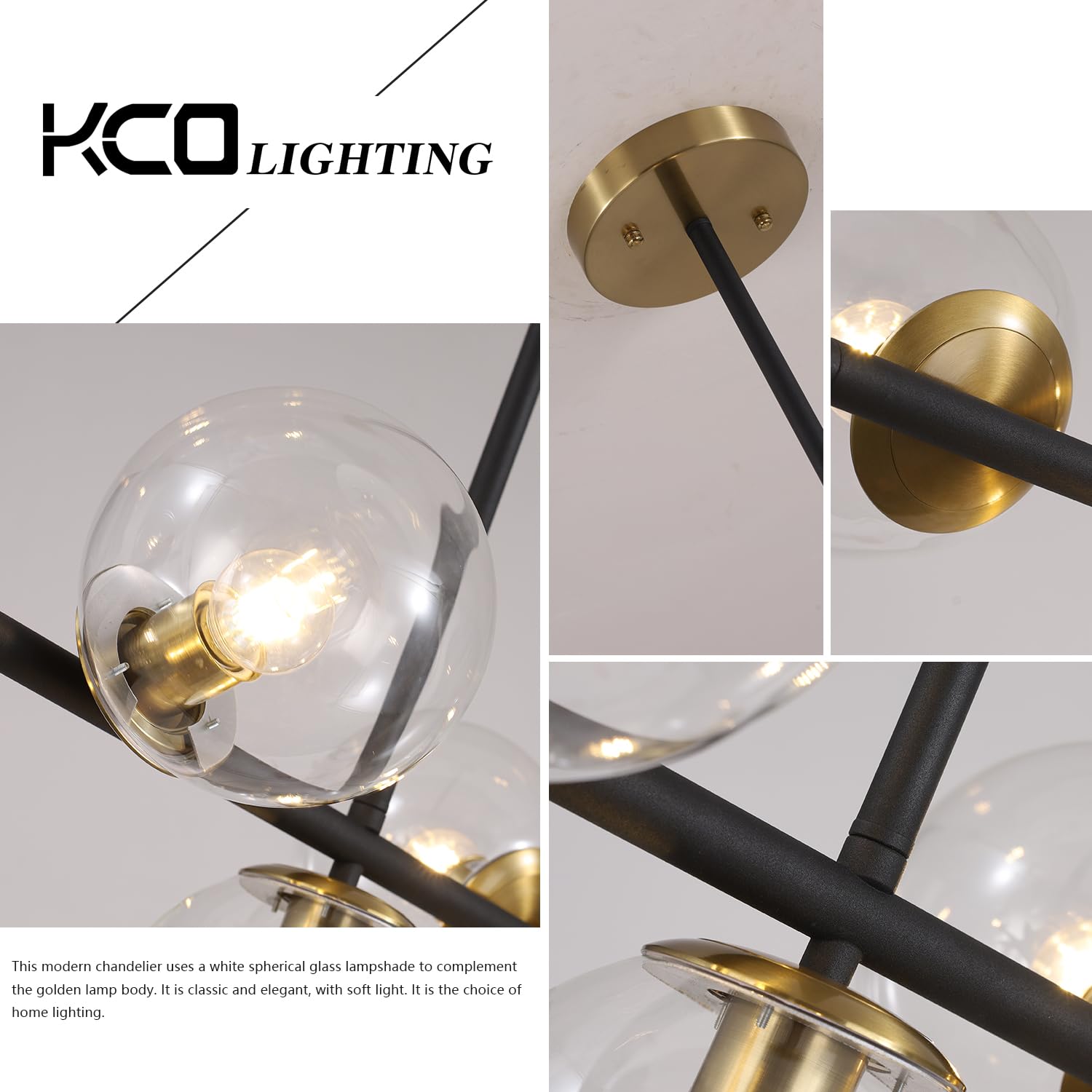 Kco Black Brass 7-Light Chandelier, Clear Glass Bubble Modern Sputnik Pendant Lighting