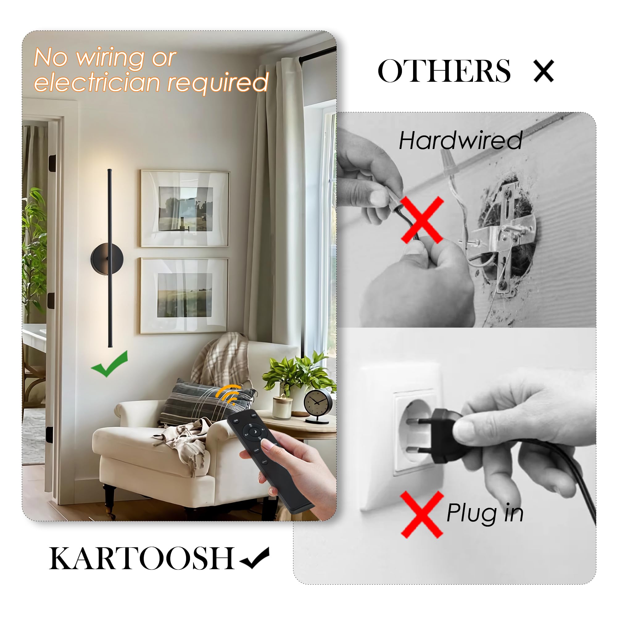 KARTOOSH Wireless Wall Sconces, 350° Rotate, Remote Control, 3 Color Temperatures, 28.3 Inch, Black, 2 Pack, Model ZM326BB