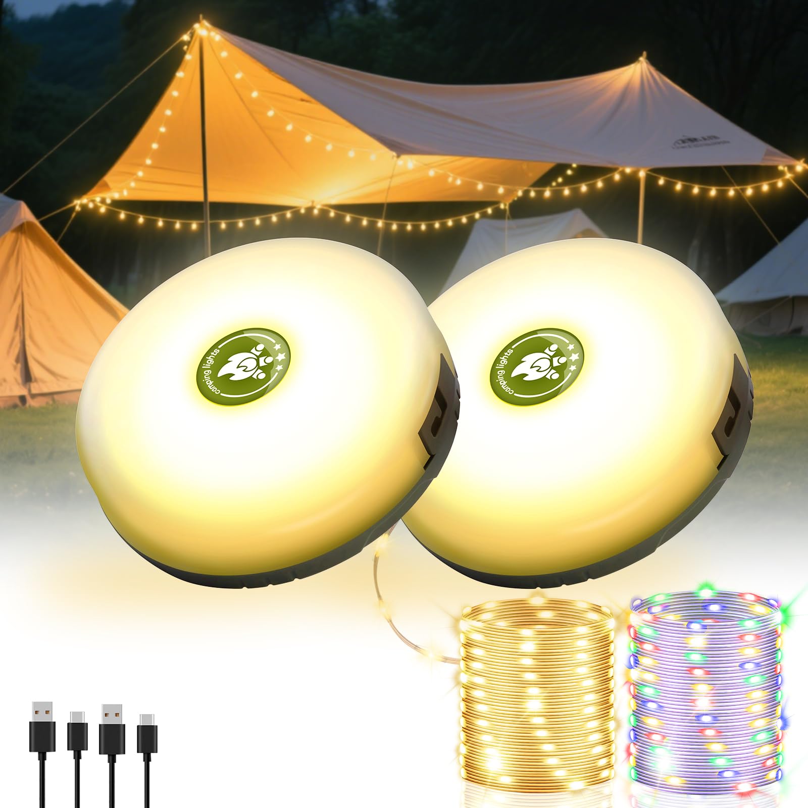 2Pack Camping String Lights, 4-in-1 Quick Storage Camp Light, 8Mode 32.8FT Hanging Tent Lights, Rechargeable Camp Lamp As Campin