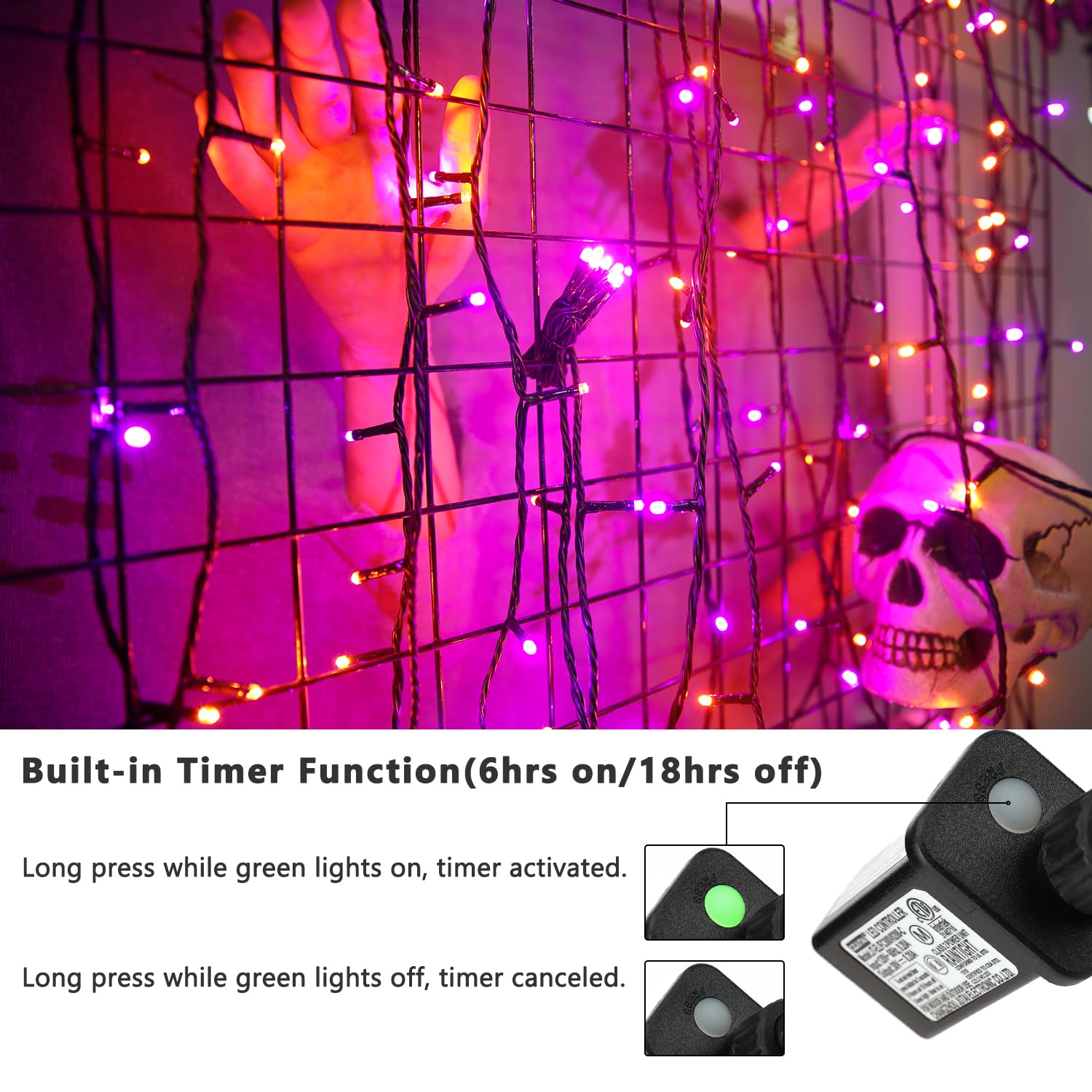 Odeetronic Orange & Purple Halloween Lights, 98.42Ft 300 Led Orange Lights, Connectable 8 Modes Halloween String Lights, Plug In Twinkle Purple Halloween Lights Waterproof For Holiday Party Home Decor