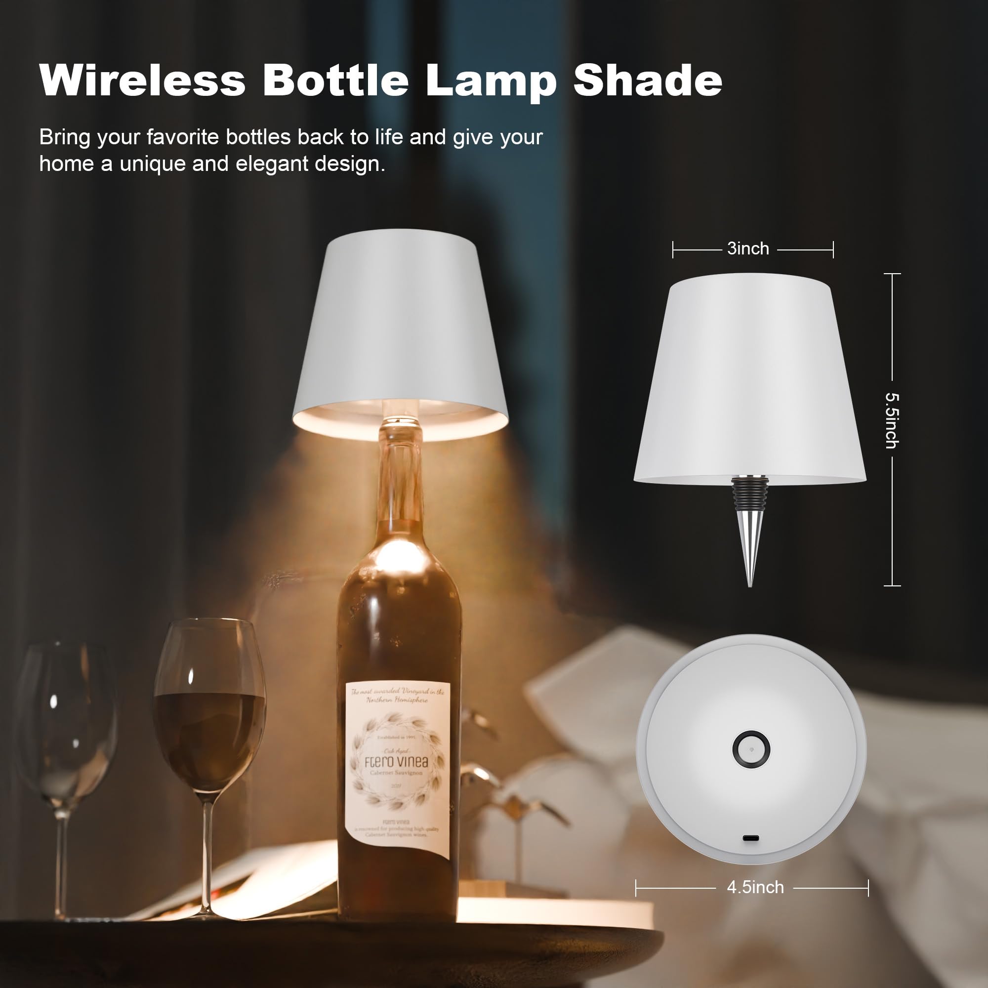 ULAROOM Wireless LED Bottle Lamp - Rechargeable USB-C, Dimmable Touch, White, Small for Home Decor, Bedroom, Living Room & Bar