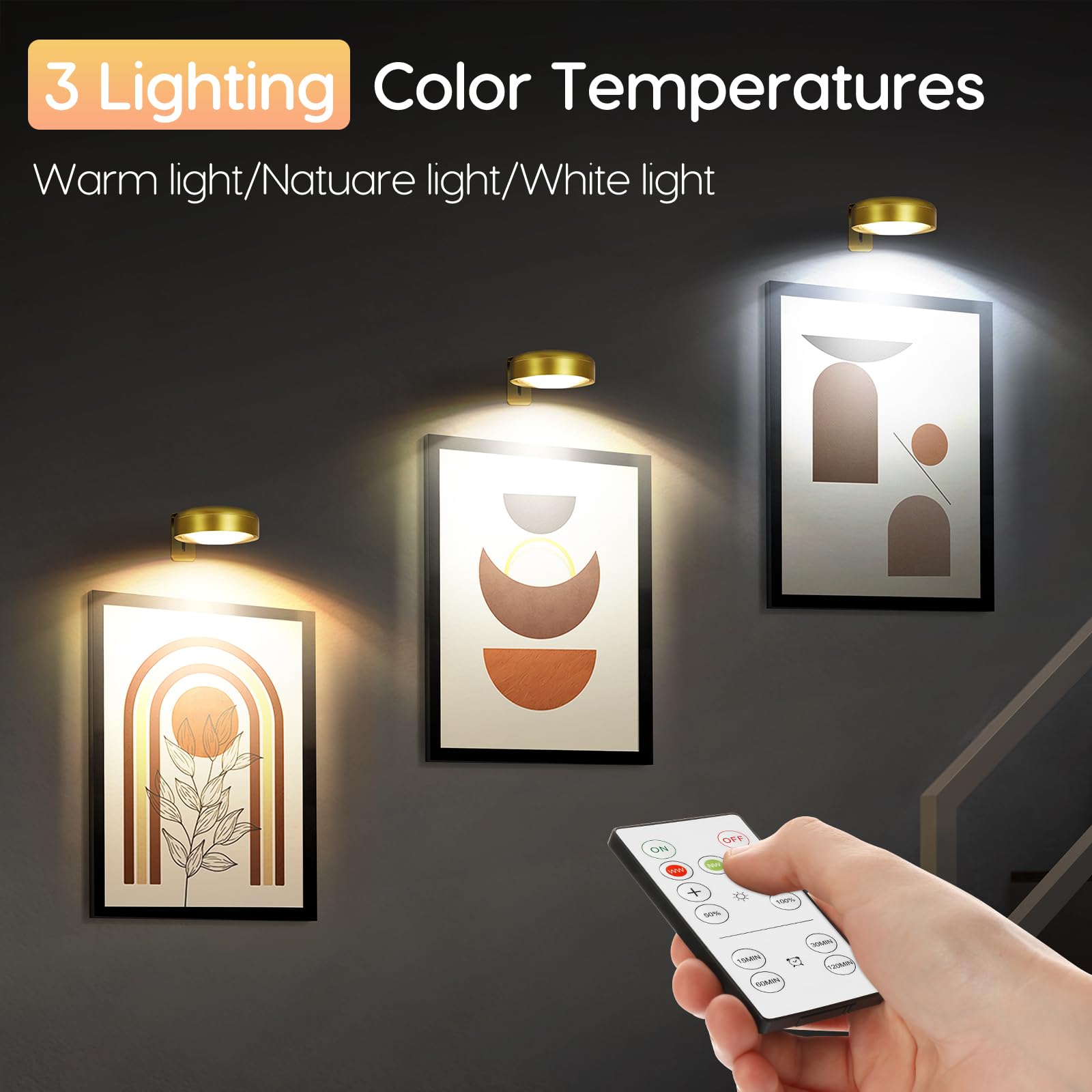 Arixinks 6-Pack Rechargeable Wall Picture Light with Remote, Dimmable LED, Gold, Model 4r
