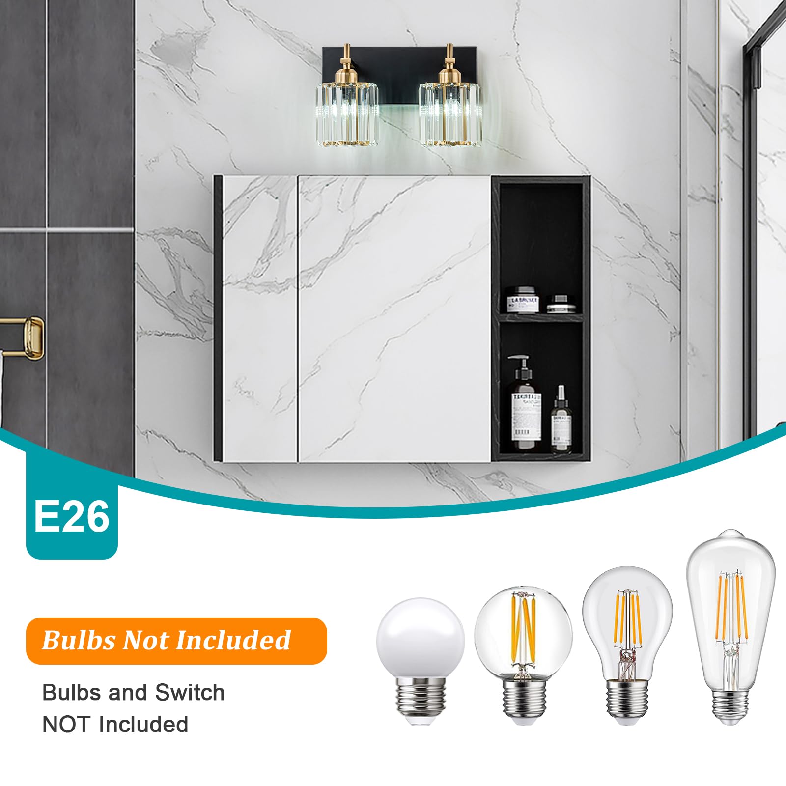 HUOKU 2-Light Crystal Bathroom Vanity Lights, Metal & Crystal, Black Gold Finish