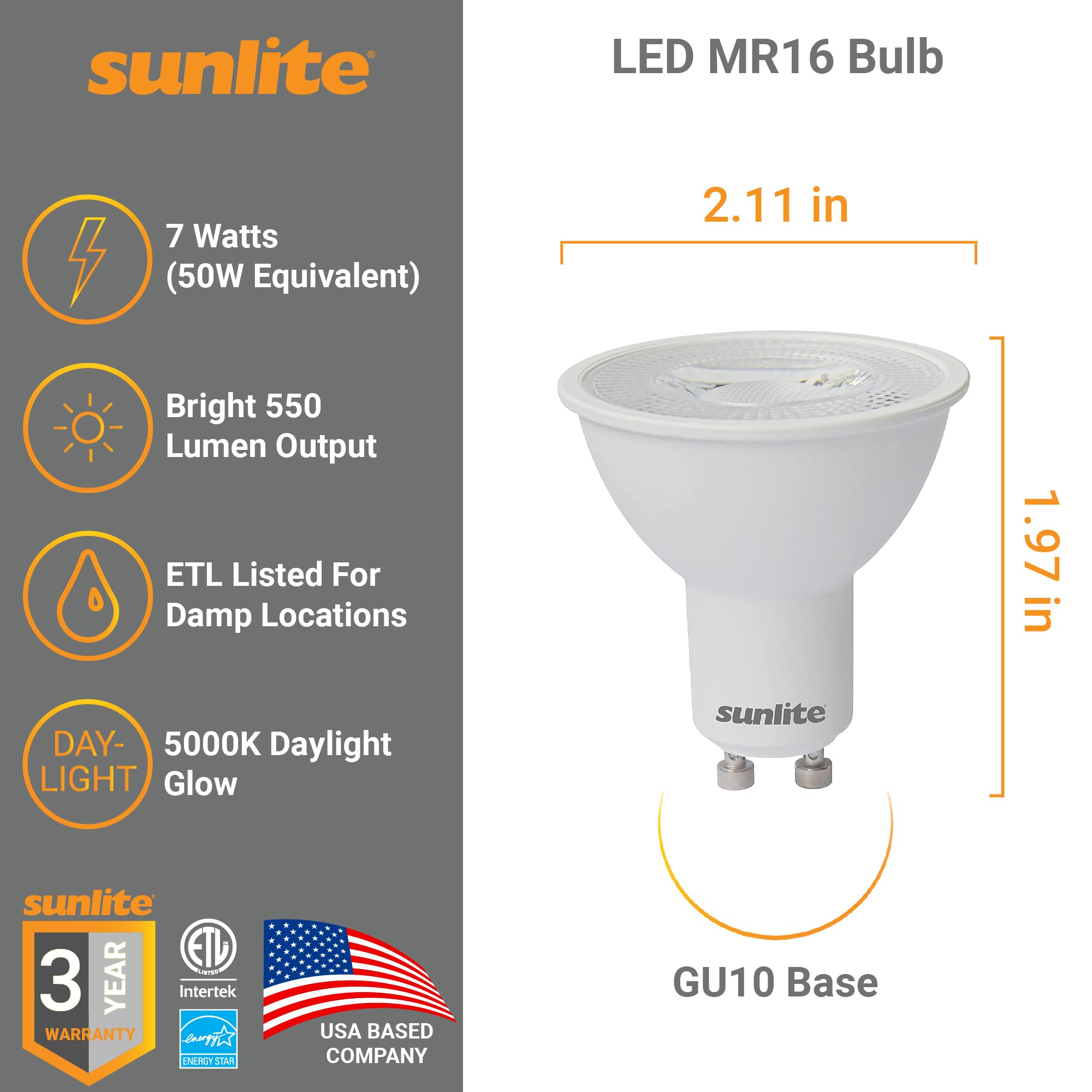Sunlite 40338 Led Mr16 Reflector Spotlight Bulb, 7 Watts (50W Halogen Bulb Replacement) 120 Volt, 550 Lumen, 35 Flood Beam, Gu10