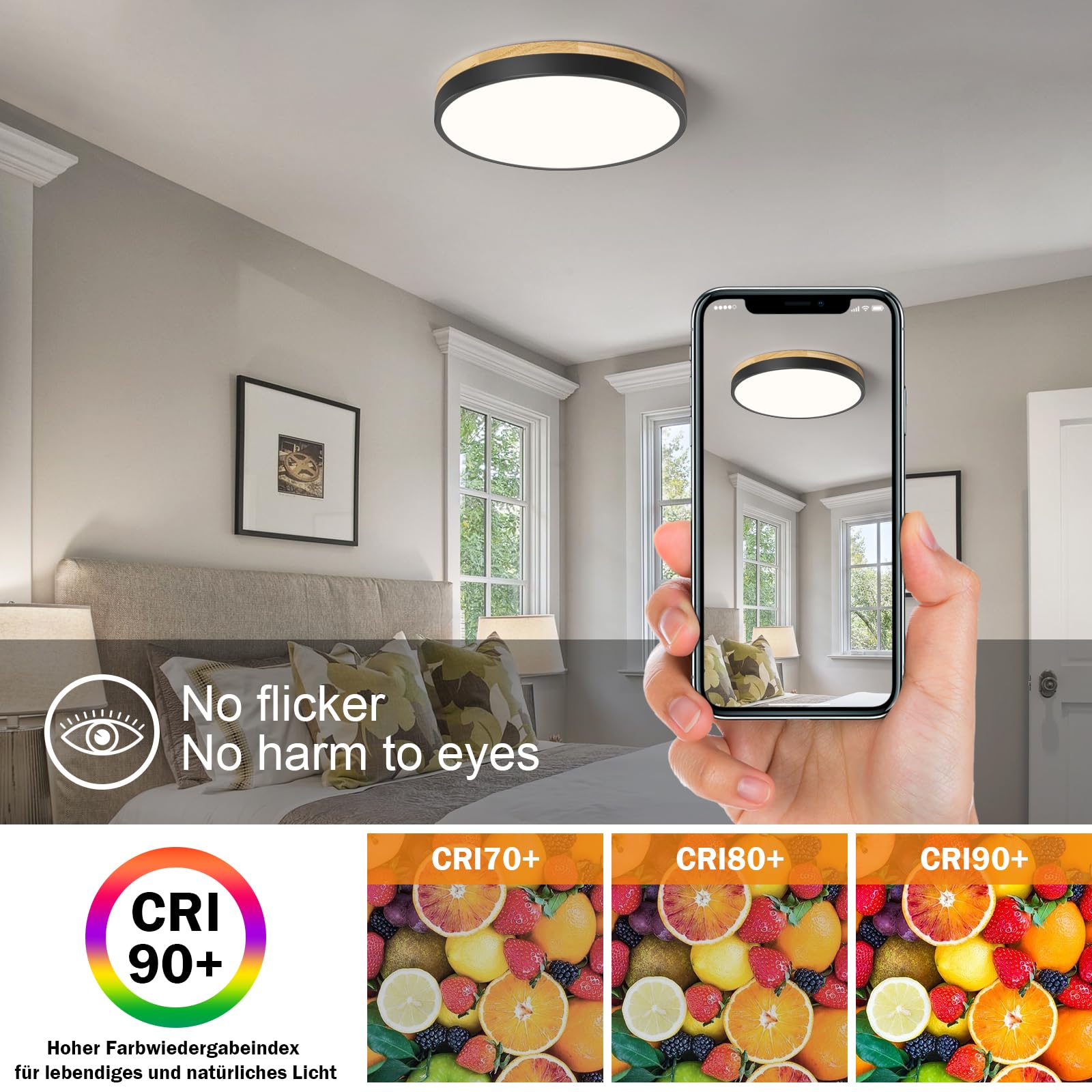 Vikaey Modern Wood Led Ceiling Light Fixture, Minimalist Black Flush Mount Ceiling Lamps, Round Ceiling Lighting Fixtures For Be