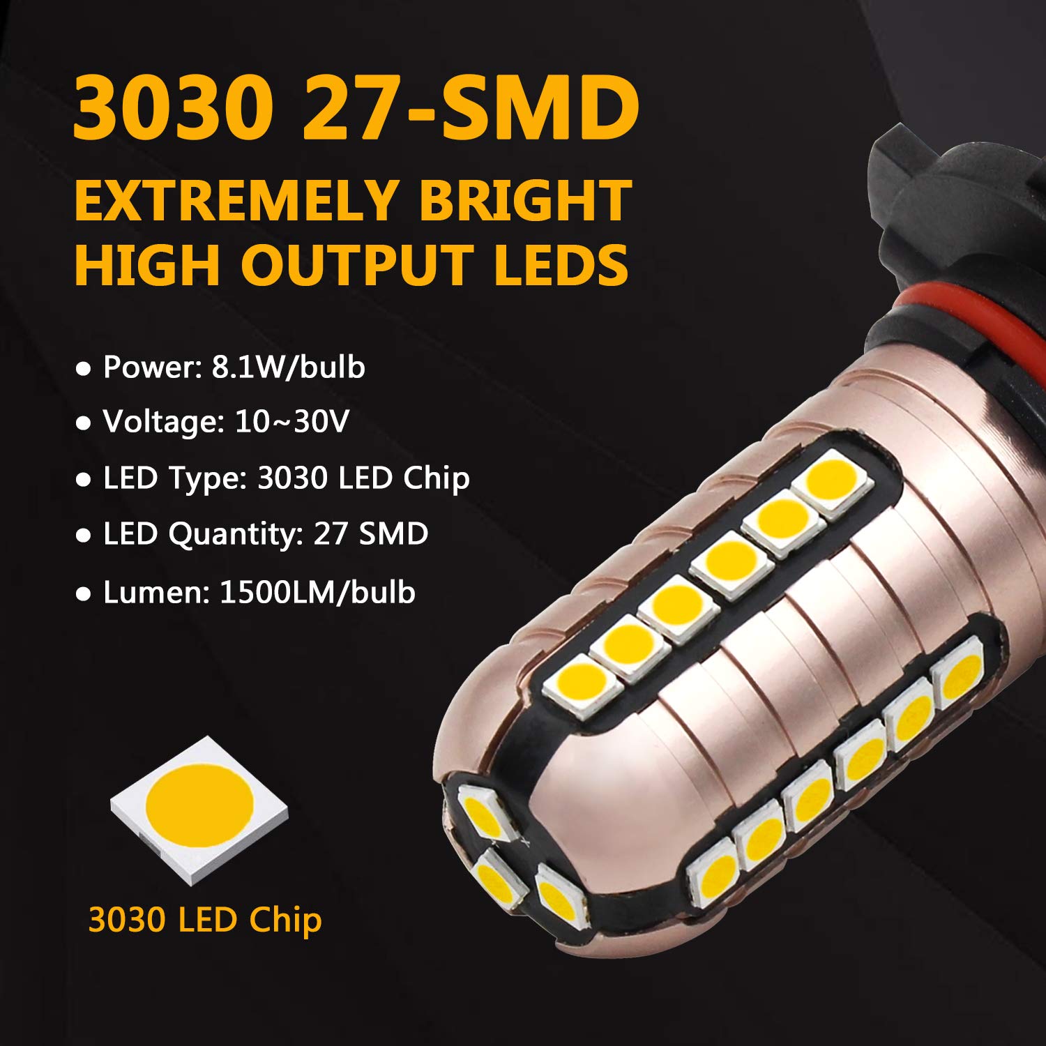 PHINLION H10 Yellow LED Fog Light Bulbs 3000 Lumens Super Bright 27-SMD Replacement for DRL or Fog Lamps