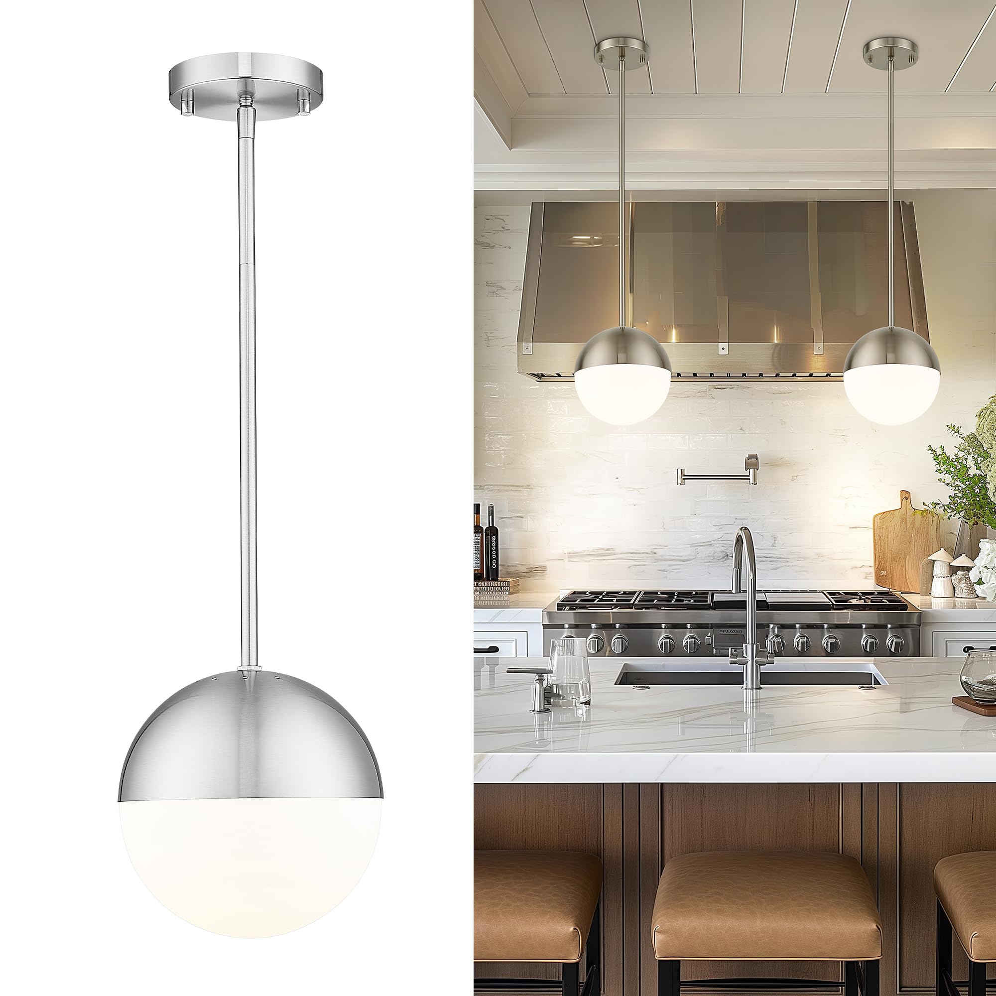 Lms Farmhouse Pendant Light Fixtures, Brushed Nickel Pendant Light With Globe Glass, Adjustable Hanging Lighting For Kitchen Island, Bedroom, Bathroom, Lms-203