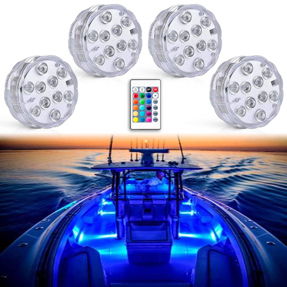Seaponer Wireless RGB Boat Lights, Waterproof LED Deck & Interior Lighting, Remote Controlled, 4pcs