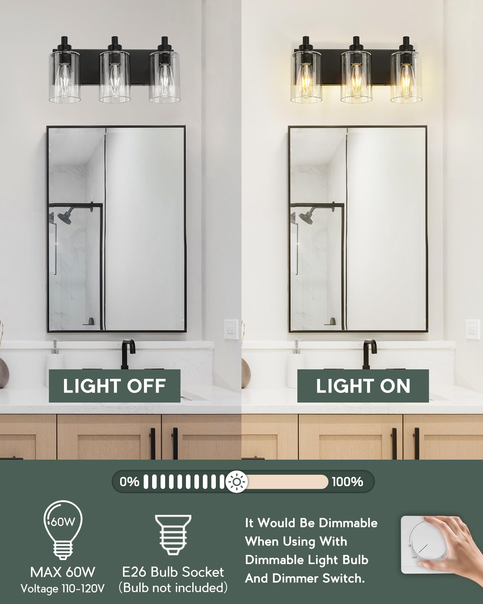 Metwet 3-Light Bathroom Light Fixtures, Black Vanity Light With Cylinder Clear Glass Shade, Modern Vanity Lighting Fixtures Over Mirror, Vl143-Mb-3