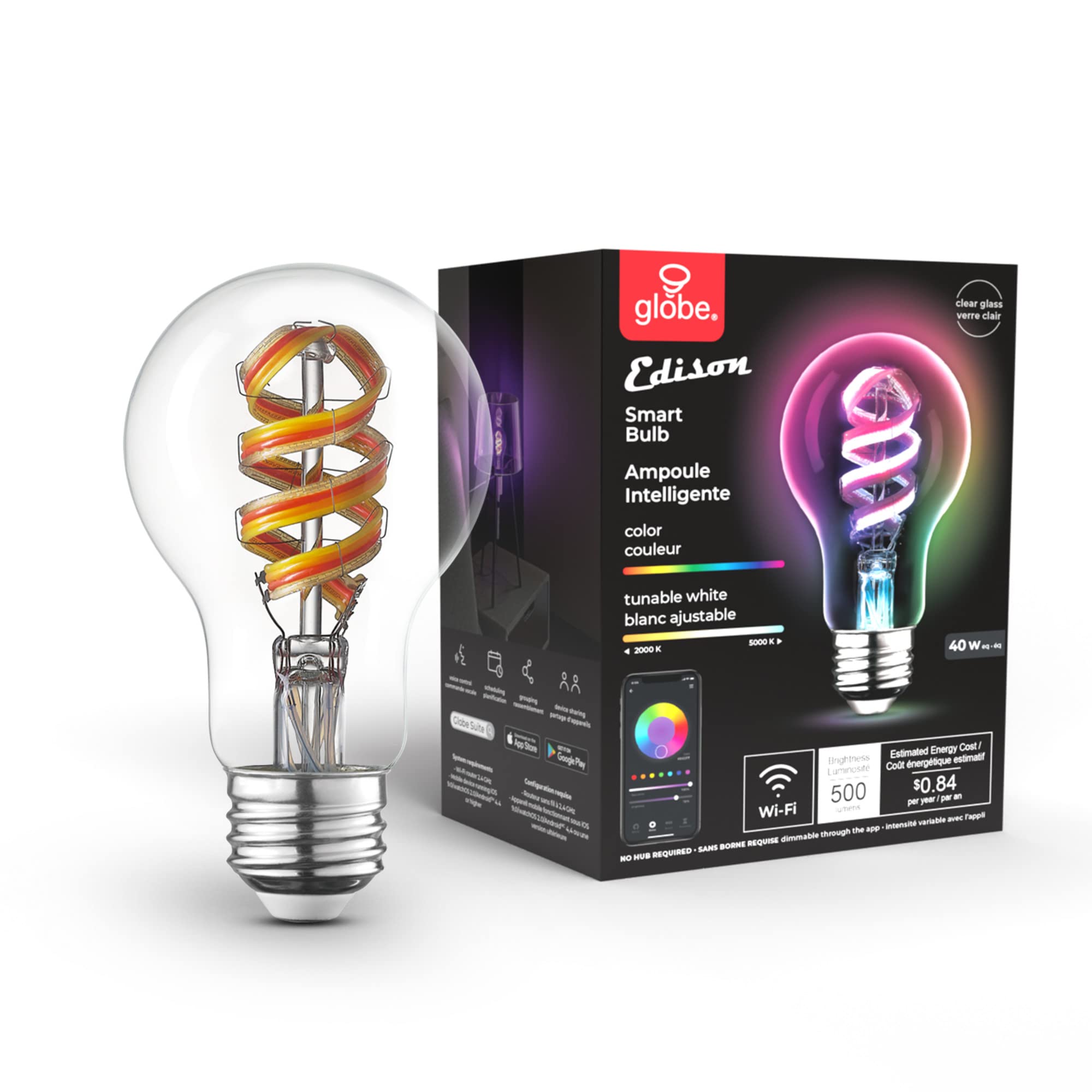 Globe Electric 35850 Wi-Fi Smart 7W (40W Equivalent) Spiral Filament Multicolor Changing LED Light Bulb, No Hub Required, Voice 
