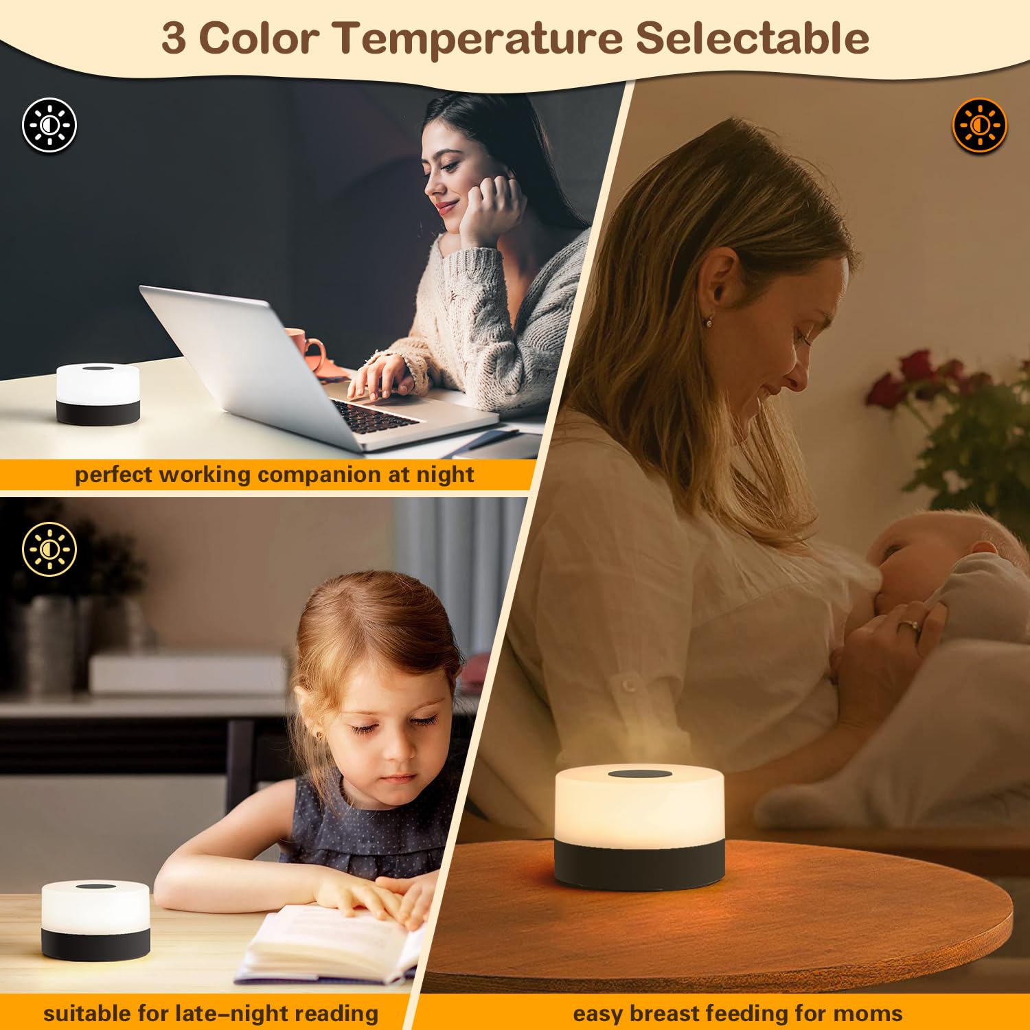 JUSHENG Nursery Night Light, Portable LED Touch Lamp, Dimmable, 3CCT Function, Acrylic, Black, Model CG0025BK