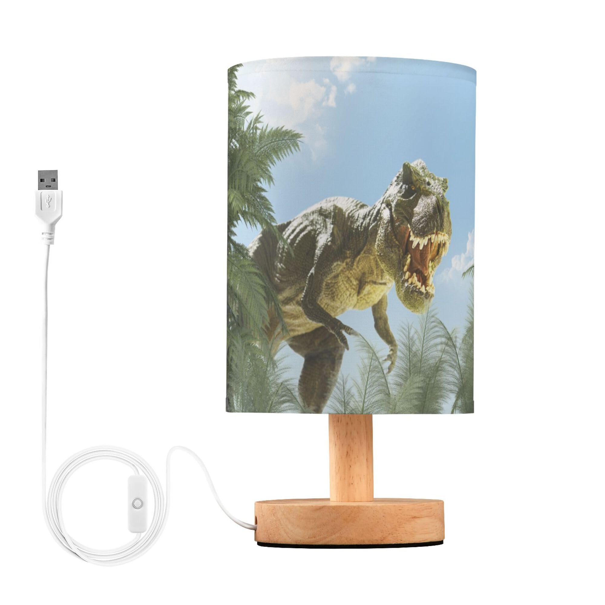 YYZZH Table Lamp Dinosaur in Jungle Forest Nightstand Lamp with Wood Base Fabric Lamp Shade Bedside Desk Lamp for Living Room Be