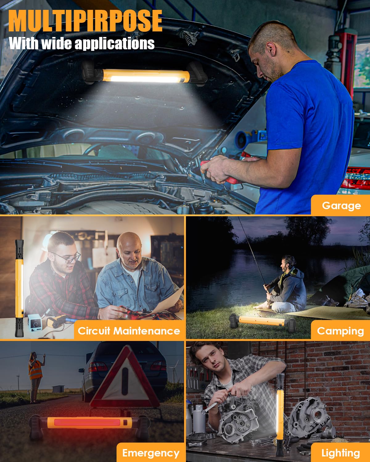 aboutool LED Work Light 3000LM, Rechargeable Underhood Mechanic Light, Magnetic Base, Rubber, Model GZD-SCK-Y01, 1 PC