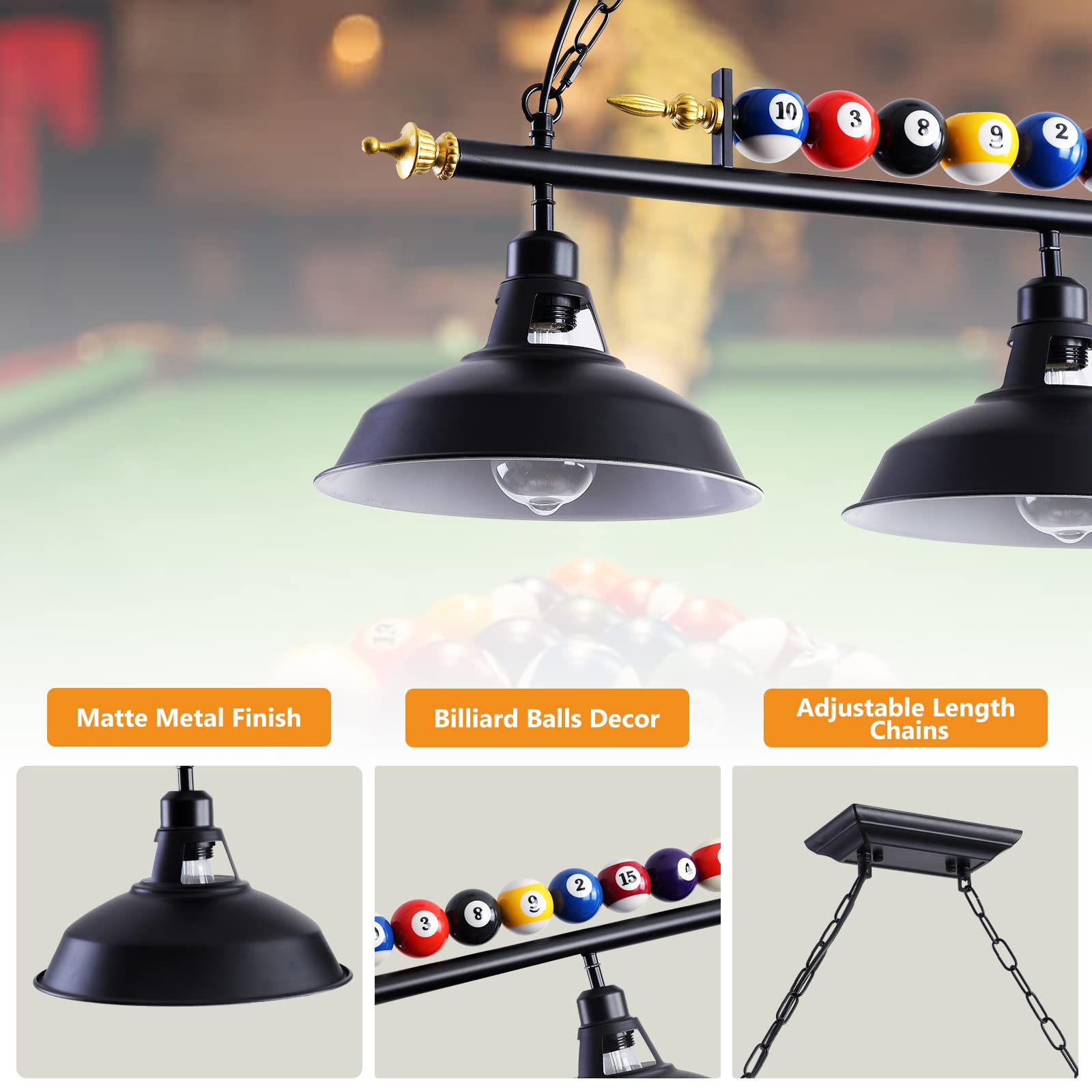 Mcacggo 3-Light Billiard Pool Table Lights Hanging Over Pool Table, Black Matte Metal Shades With Billiard Ball Decor, For Billi