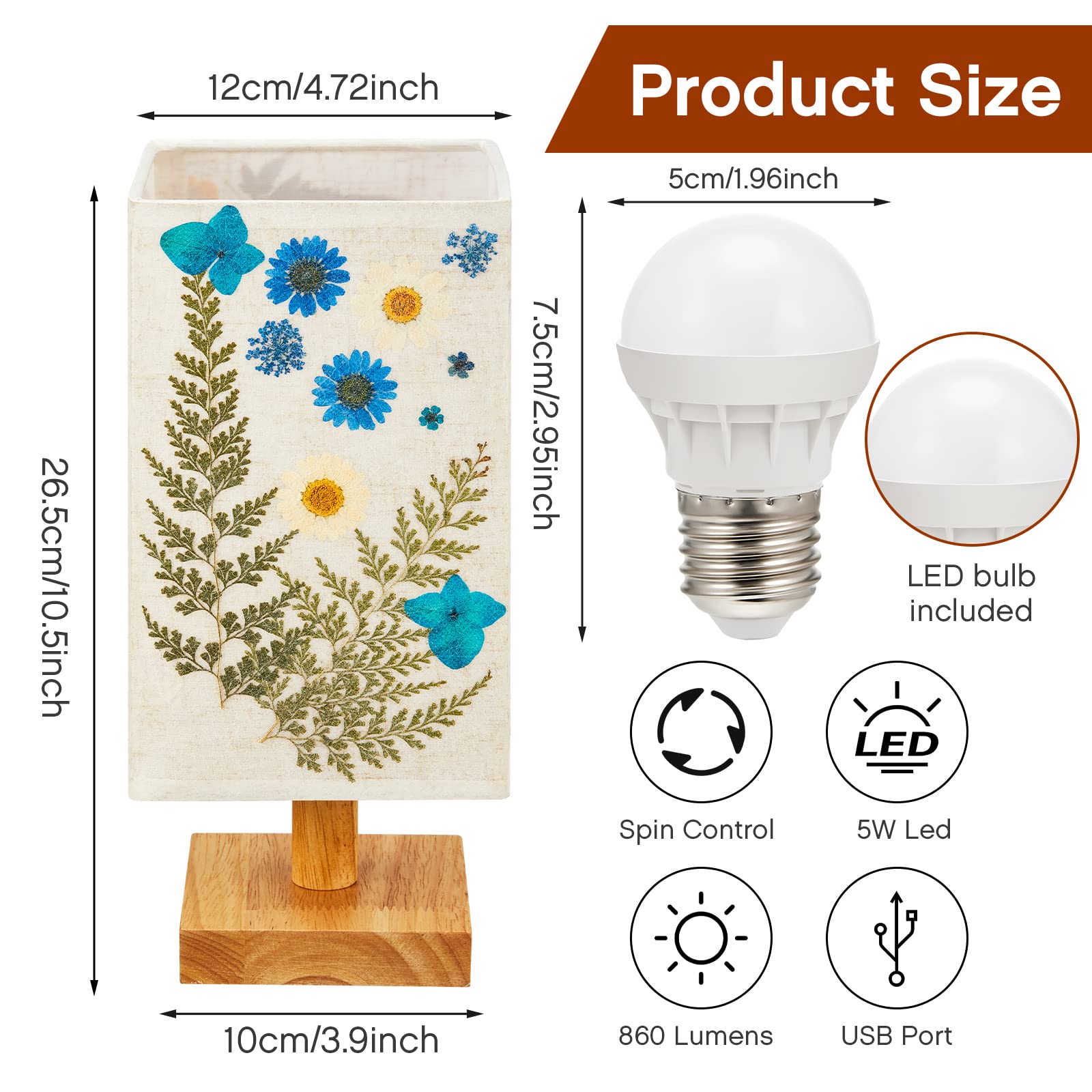 Hortsun Pressed Floral Lamp Bedside Vintage Flower Desk Lamp For Bedroom Living Room, Dorm, Home, Office Decor(1 Pcs,Square Styl
