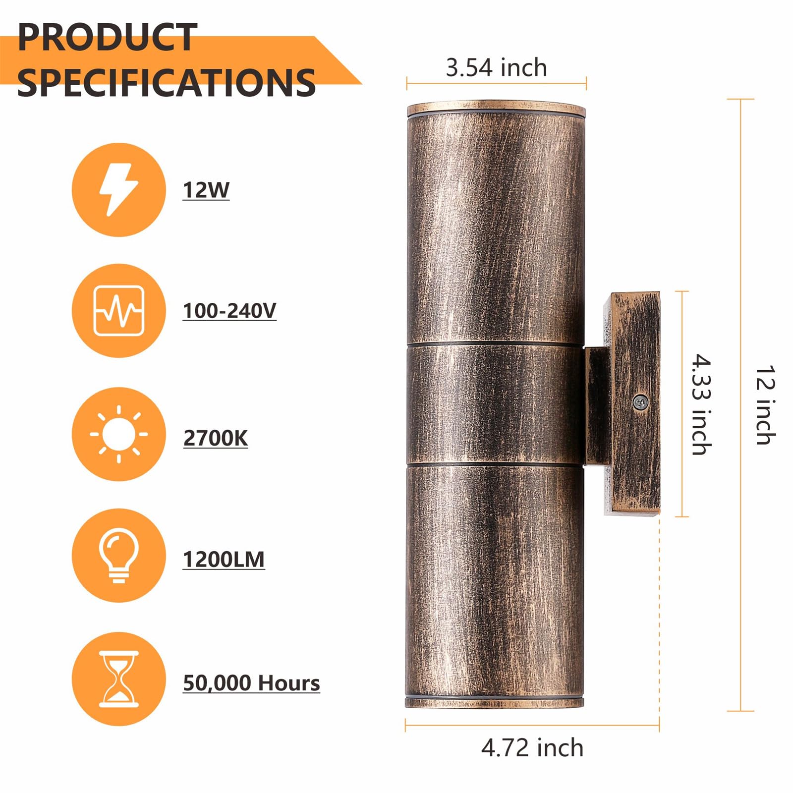 DAKAFUL Outdoor Wall Lights, 12W Integrated LED, Up Down Design, 2 Packs, Bronze