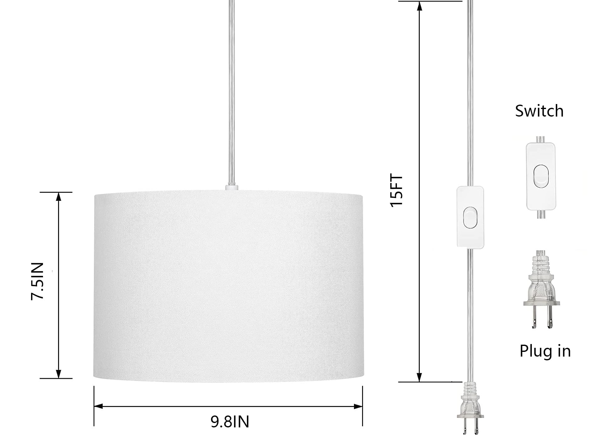 Zslaifu 15Ft Hanging Lamp With Switch,White Hanging Lights With Plug In Cord, Pendant Lamp With Remote Control,Pendant Light Fix
