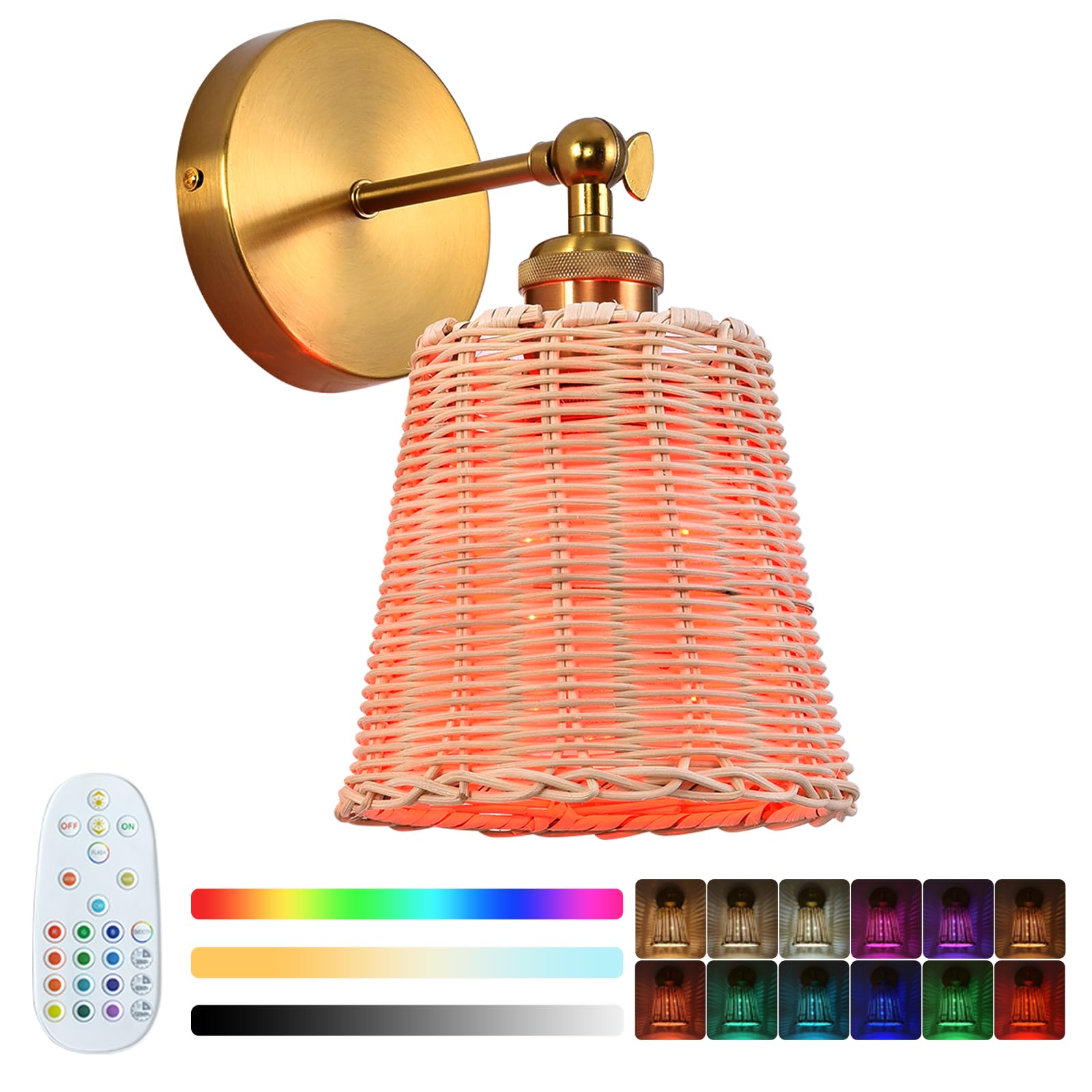 SWORDFORCE Battery Operated Rattan Wall Sconce, Rechargeable Wireless Wall Light Vintage Cordless Boho Wall Lamp with 7200mAh Di