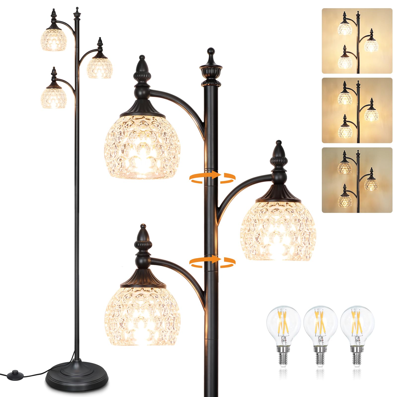 JUNNAI Glass Floor Lamp 66.5in Black Standing Lamps for Living Room with 3 Brightness Lights Vintage Retro Corner Lamp for Bedro