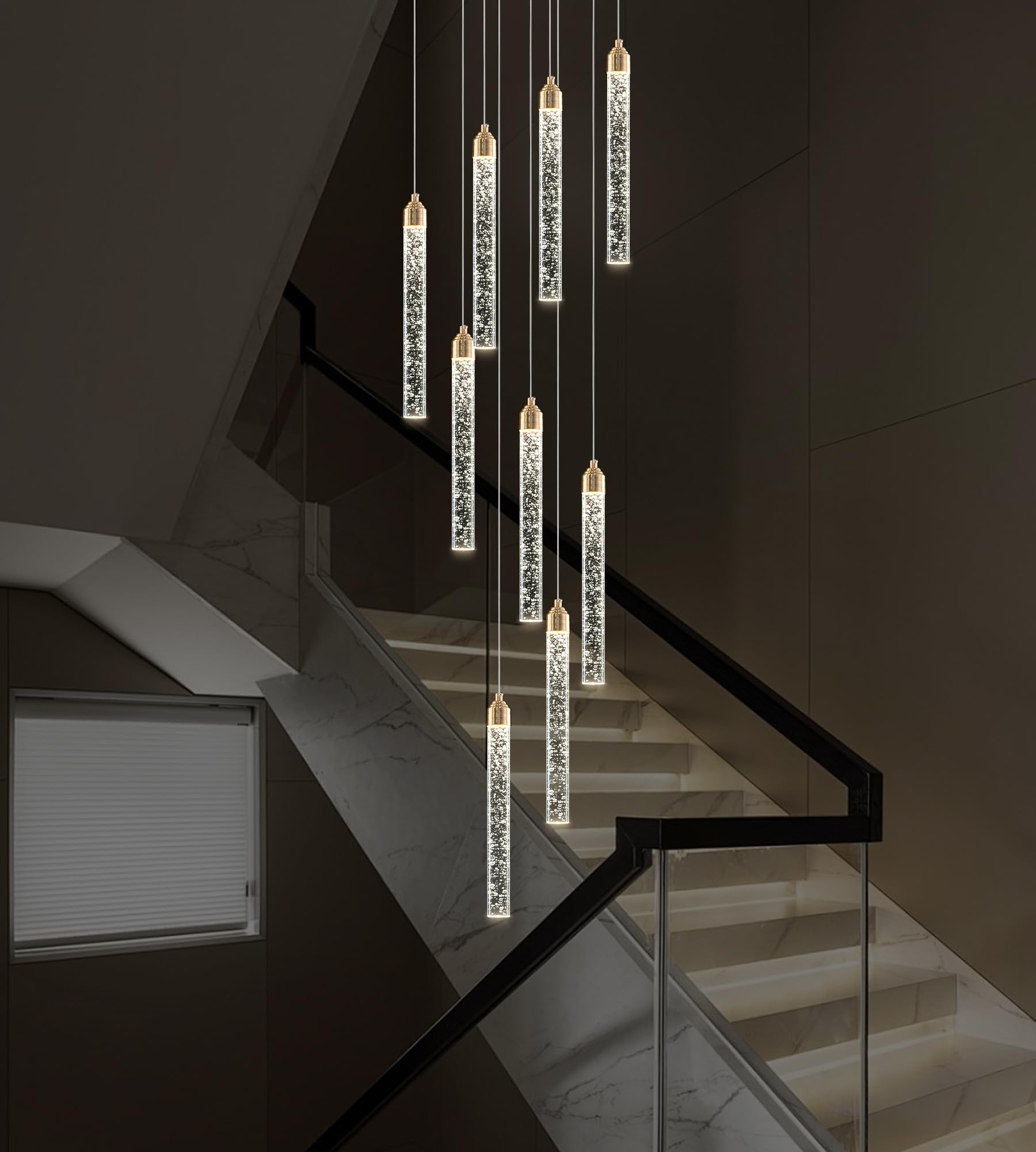 YwueChwu 9-Light Crystal Chandelier, Gold Aluminum, Dimmable LED, Model YWSC-G09-0116, Modern Spiral Design for Foyer Living Room