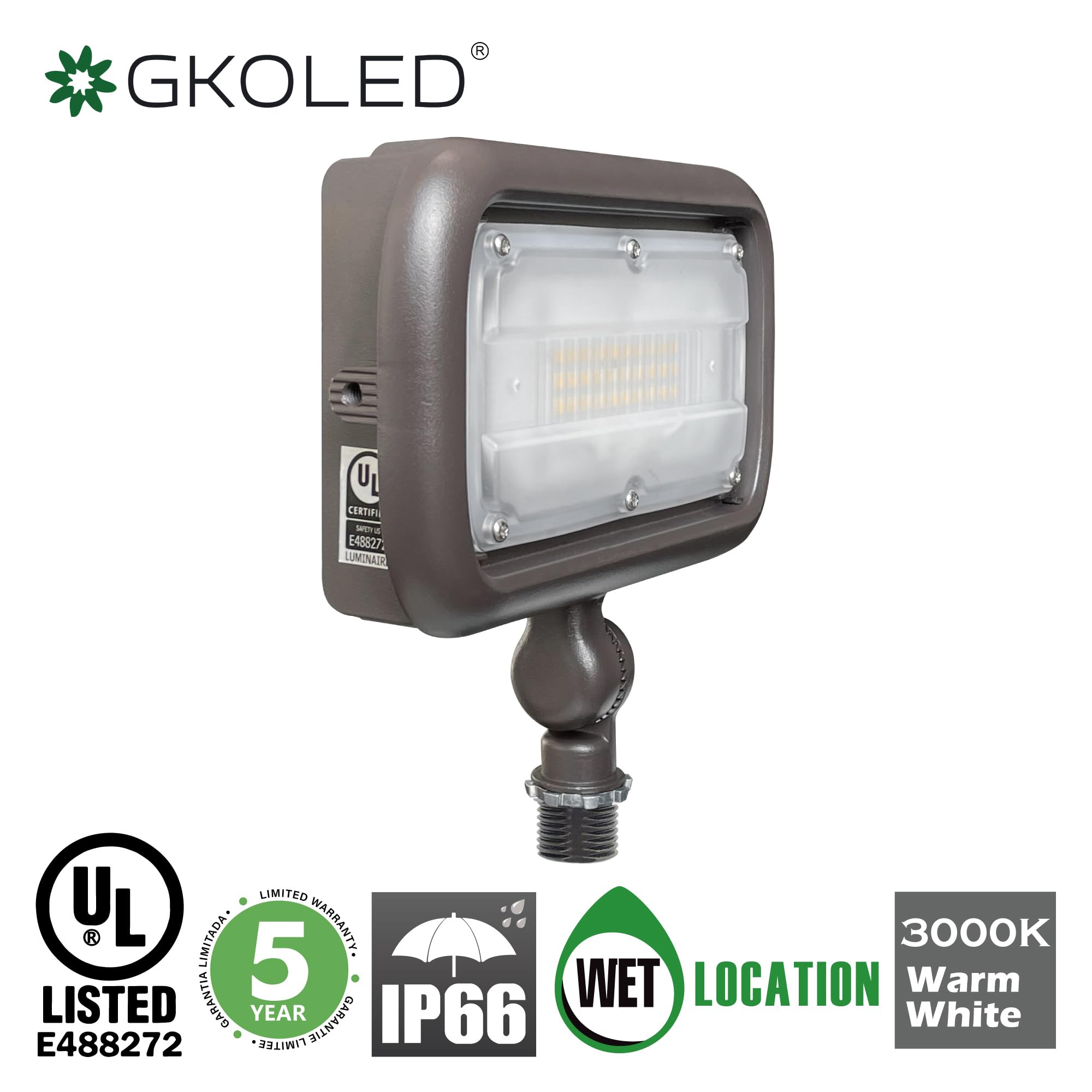 Gkoled 30W Led Floodlight, Outdoor Security Fixture, Waterproof, 100W Psmh Replace, 3000 Lumens, 4000K Cool White, 70Cri, 120-277V, 1/2&quot; Knuckle Mount, Ul-Listed